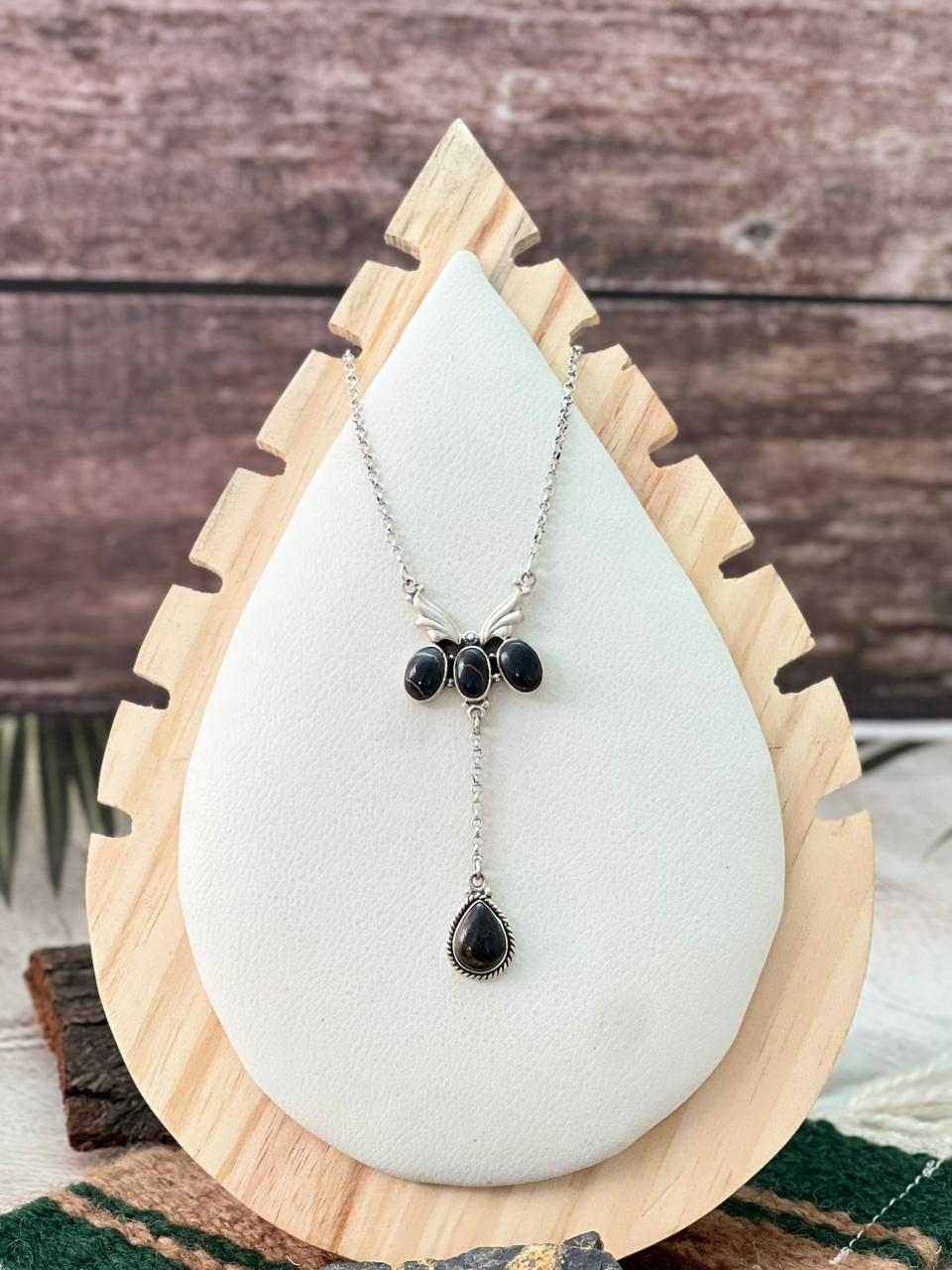 Handmade Sterling Silver Blackjack Turquoise Drop Necklace "Signed Nizhoni"