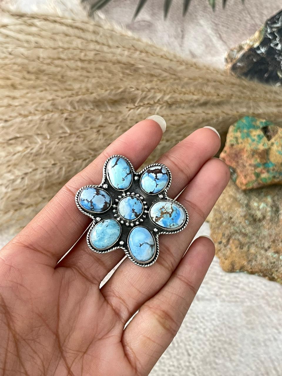 Handmade Sterling Silver Golden Hills Turquoise Adjustable Ring "Signed Nizhoni"