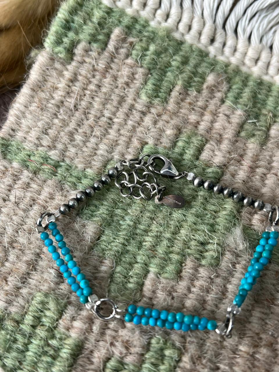 Handmade Sterling Silver Kingman Turquoise Beaded Bracelet "Signed Nizhoni"