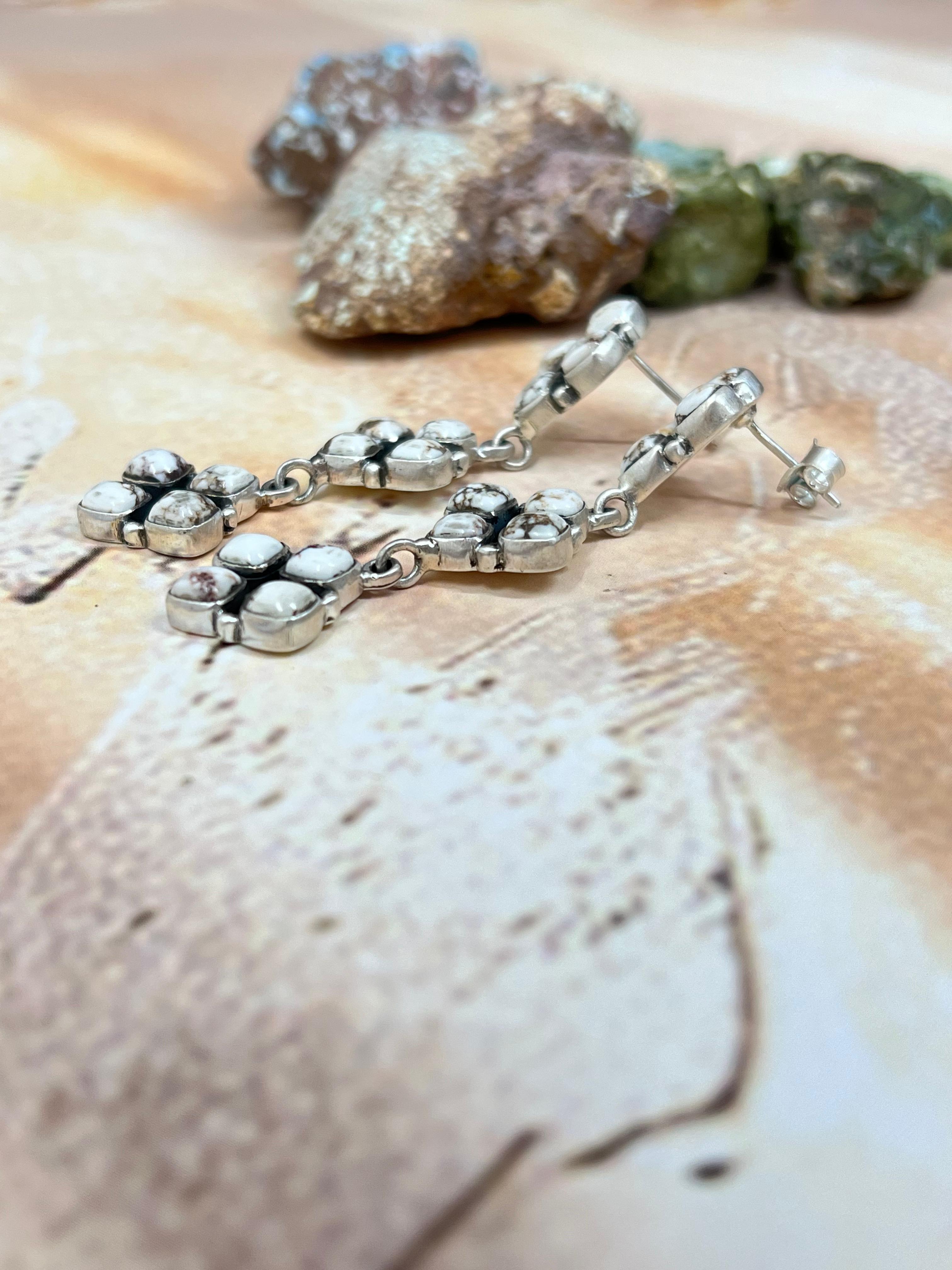 Handmade Sterling Silver Wild Horse Turquoise Dangles Earrings with Signed Nizhoni