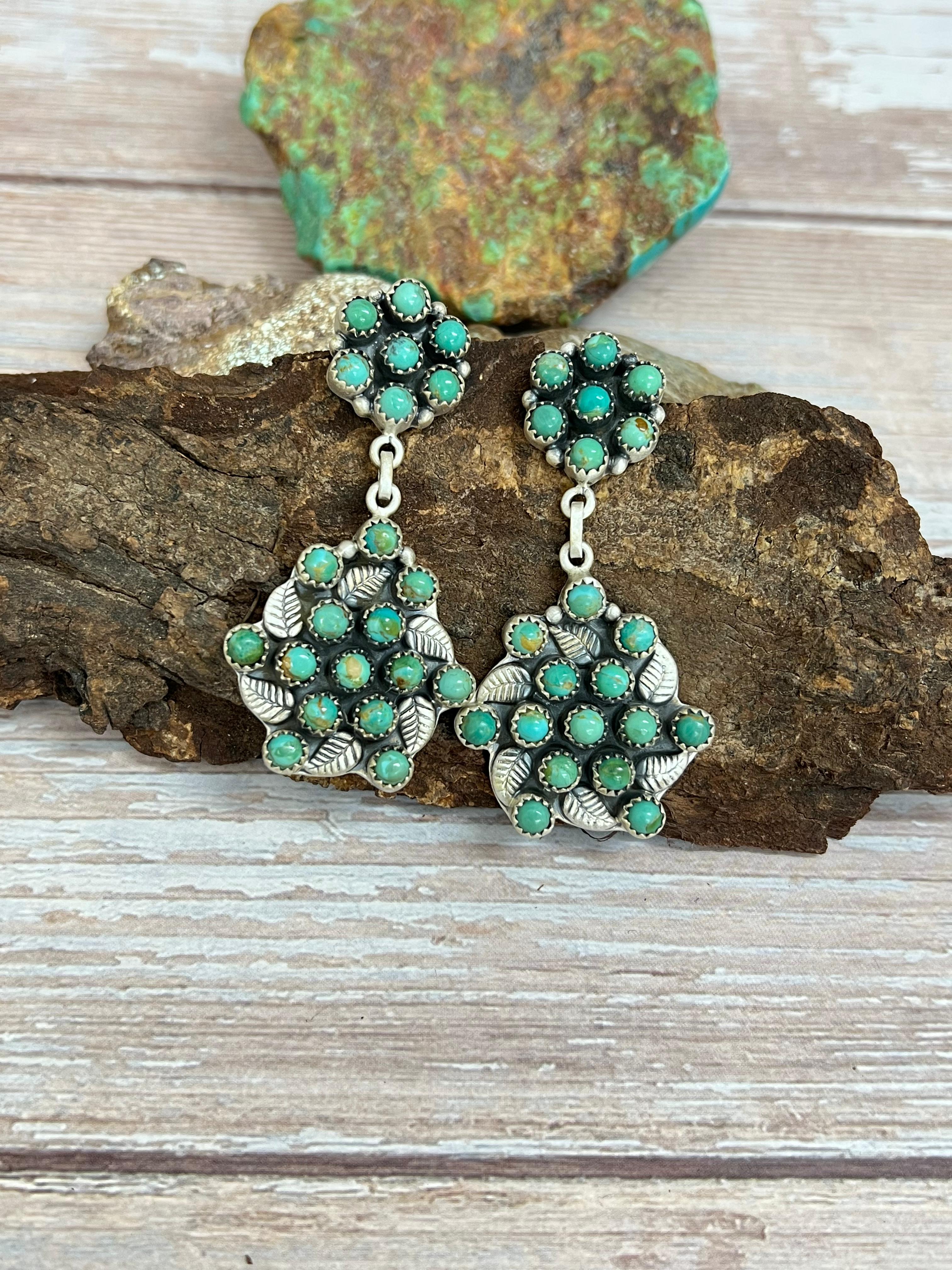 Handmade Sterling Silver Kingman Turquoise Post Dangle Earrings with Signed Nizhoni