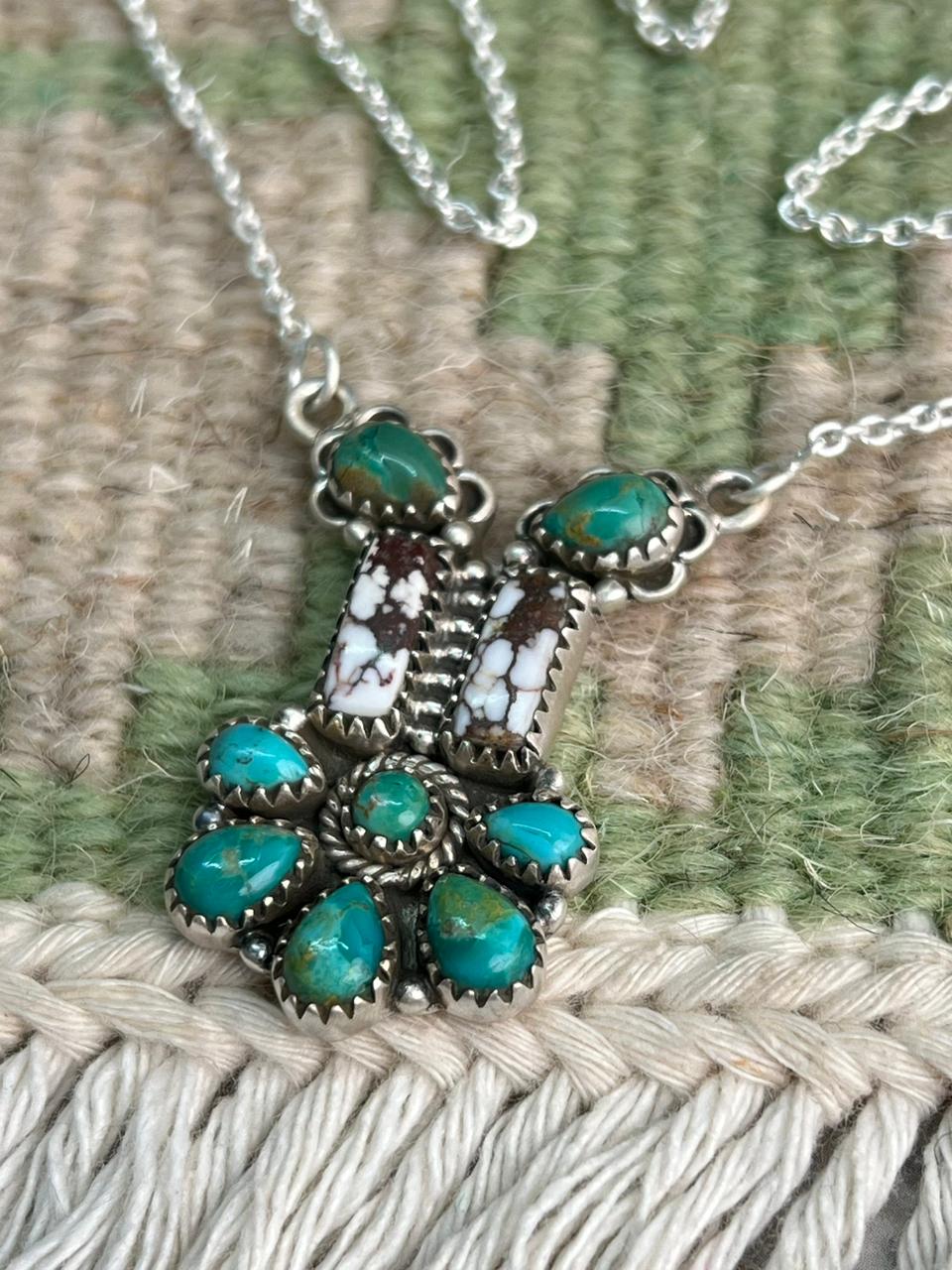 Handmade Sterling Silver Kingman Turquoise with Wildhorse Magnesite Necklace "Signed Nizhoni"