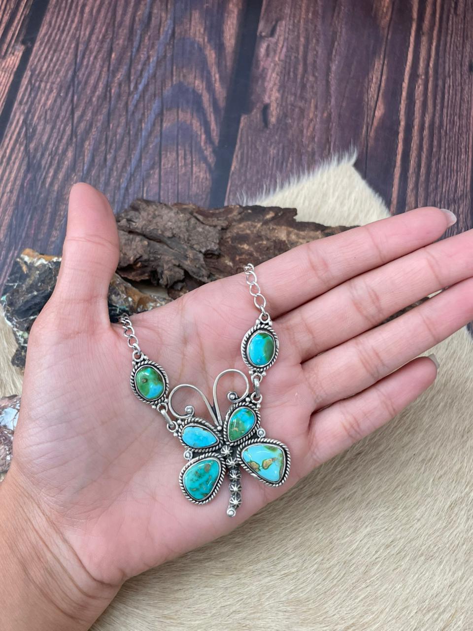Handmade Sterling Silver Sonoran Mountain Turquoise Butterfly Necklace "Signed Nizhoni"