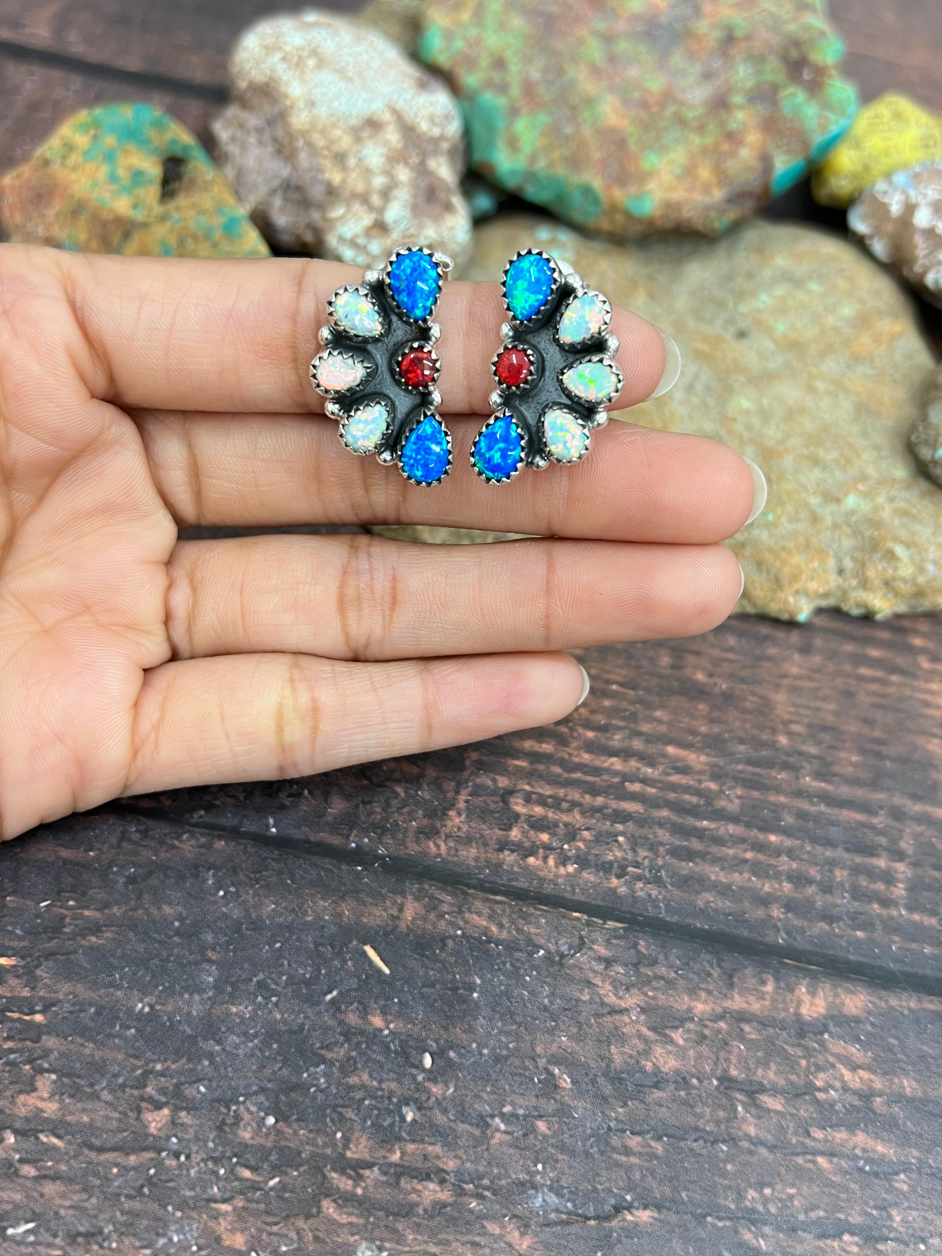 ** 4TH OF JULY ** Handmade Sterling Silver Synthetic Opal Post Earrings with Signed Nizhoni