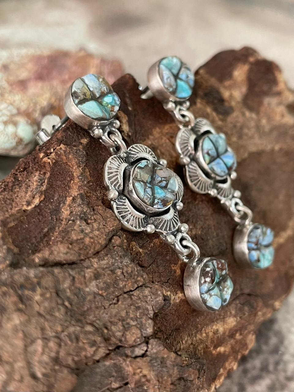 Handmade Sterling Silver Golden Hills Cobble Collection Post Dangle Earrings "Signed Nizhoni"