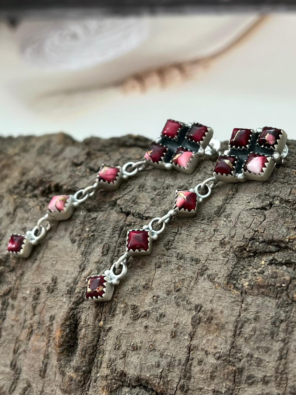 Handmade Sterling Silver Dahlia Rose Post Dangle Earrings "Signed Nizhoni"