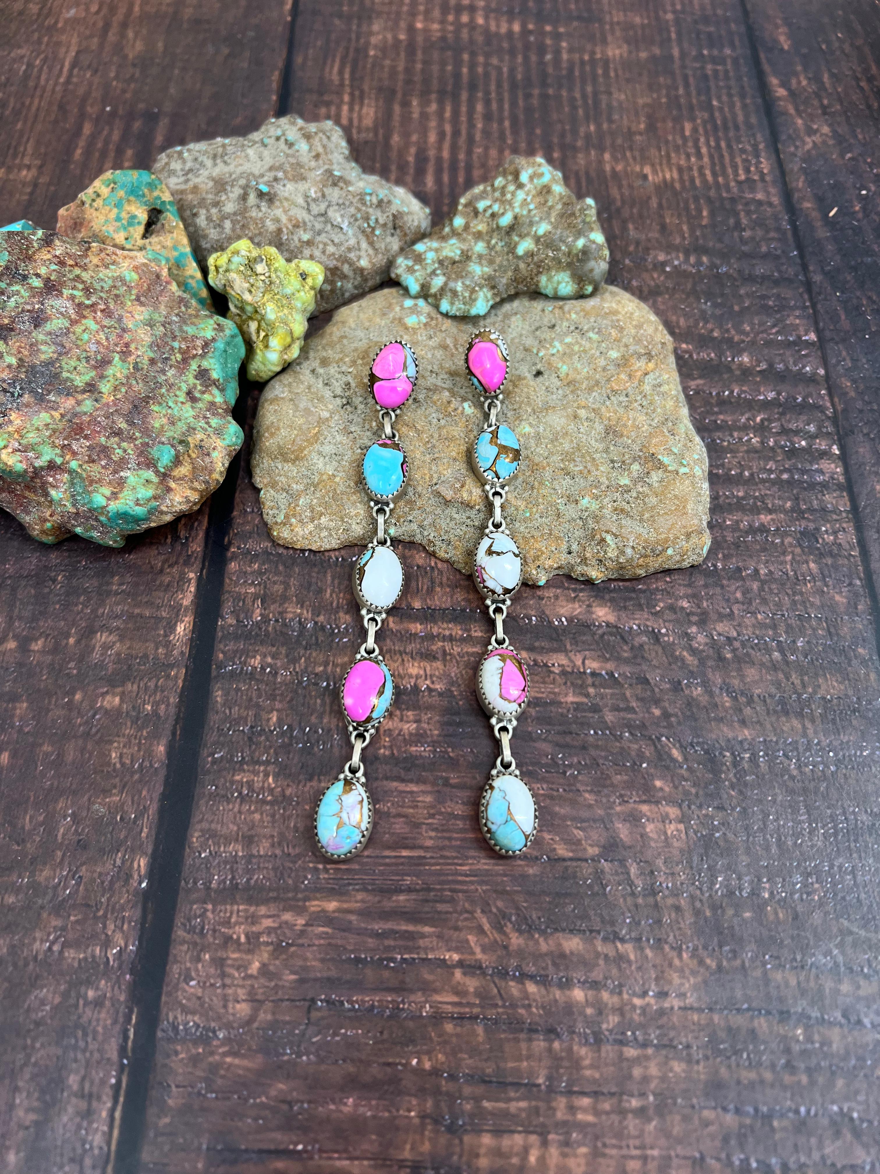 Handmade Sterling Silver Cotton Candy Turquoise Dangle Earrings with Signed Nizhoni