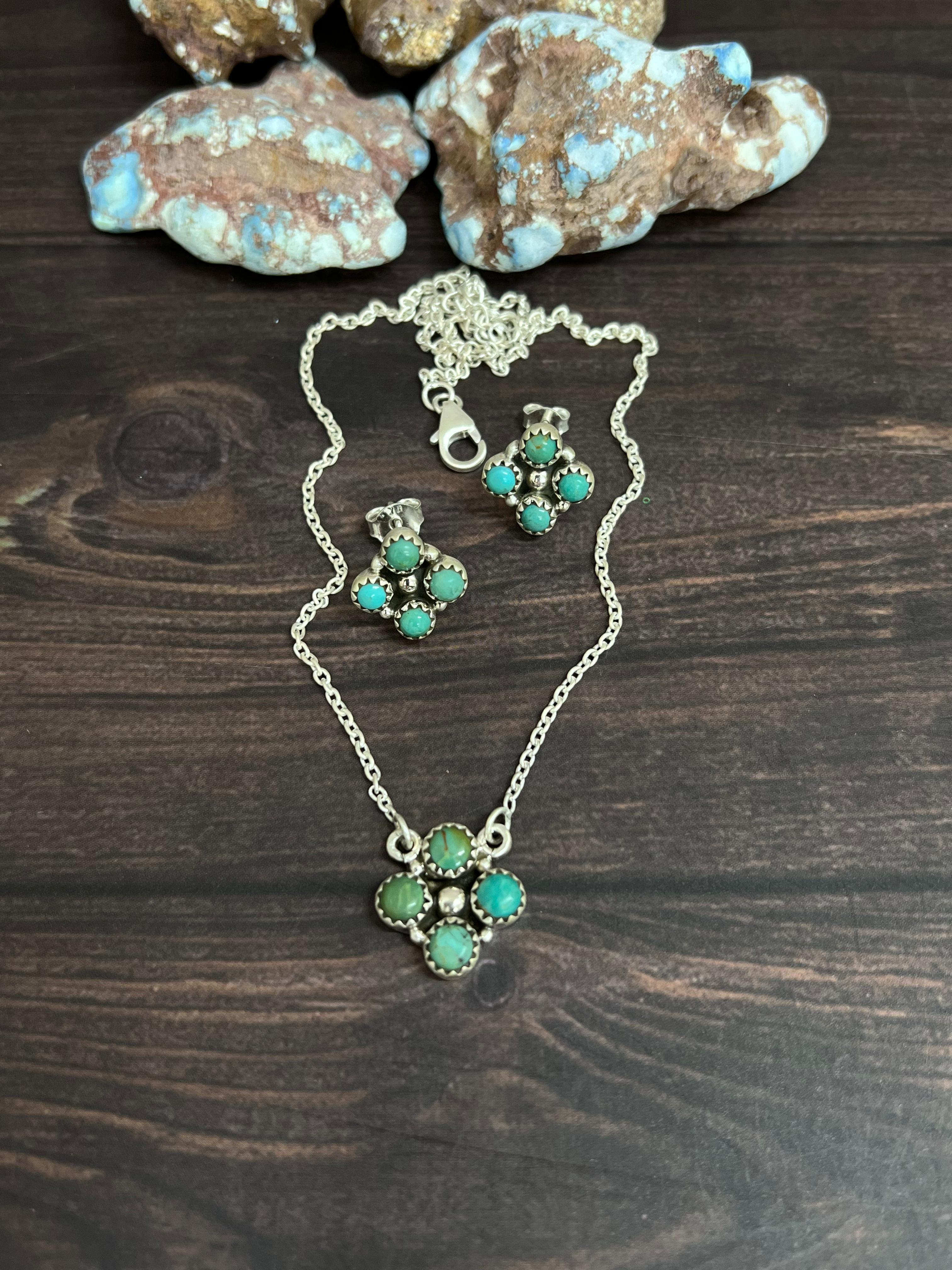 Handmade Sterling Silver Kingman Turquoise Necklace Earrings Set with Signed Nizhoni