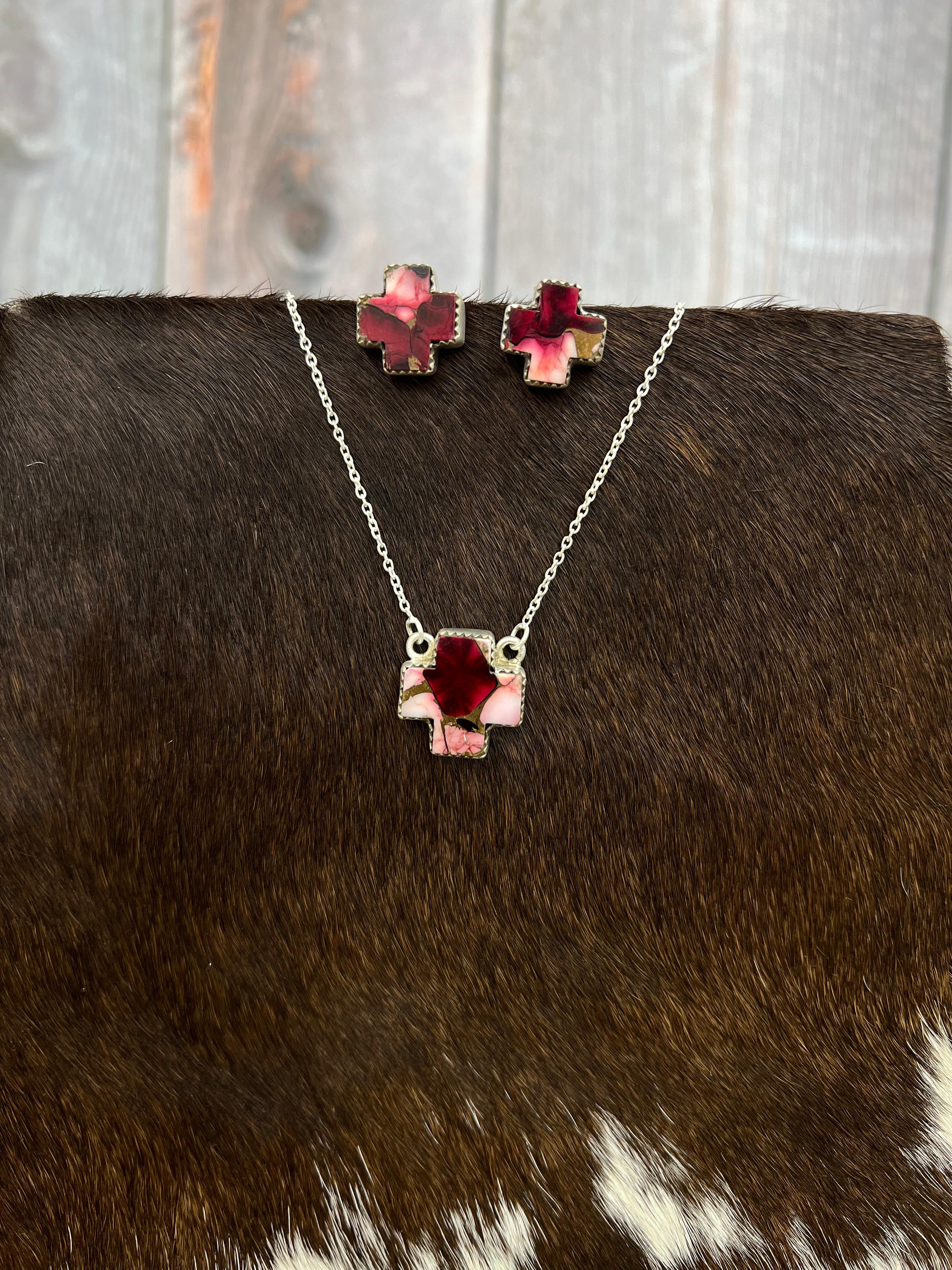 Handmade Sterling Silver Dahlia Rose Cross Necklace Earrings Set with Signed Nizhoni (7)