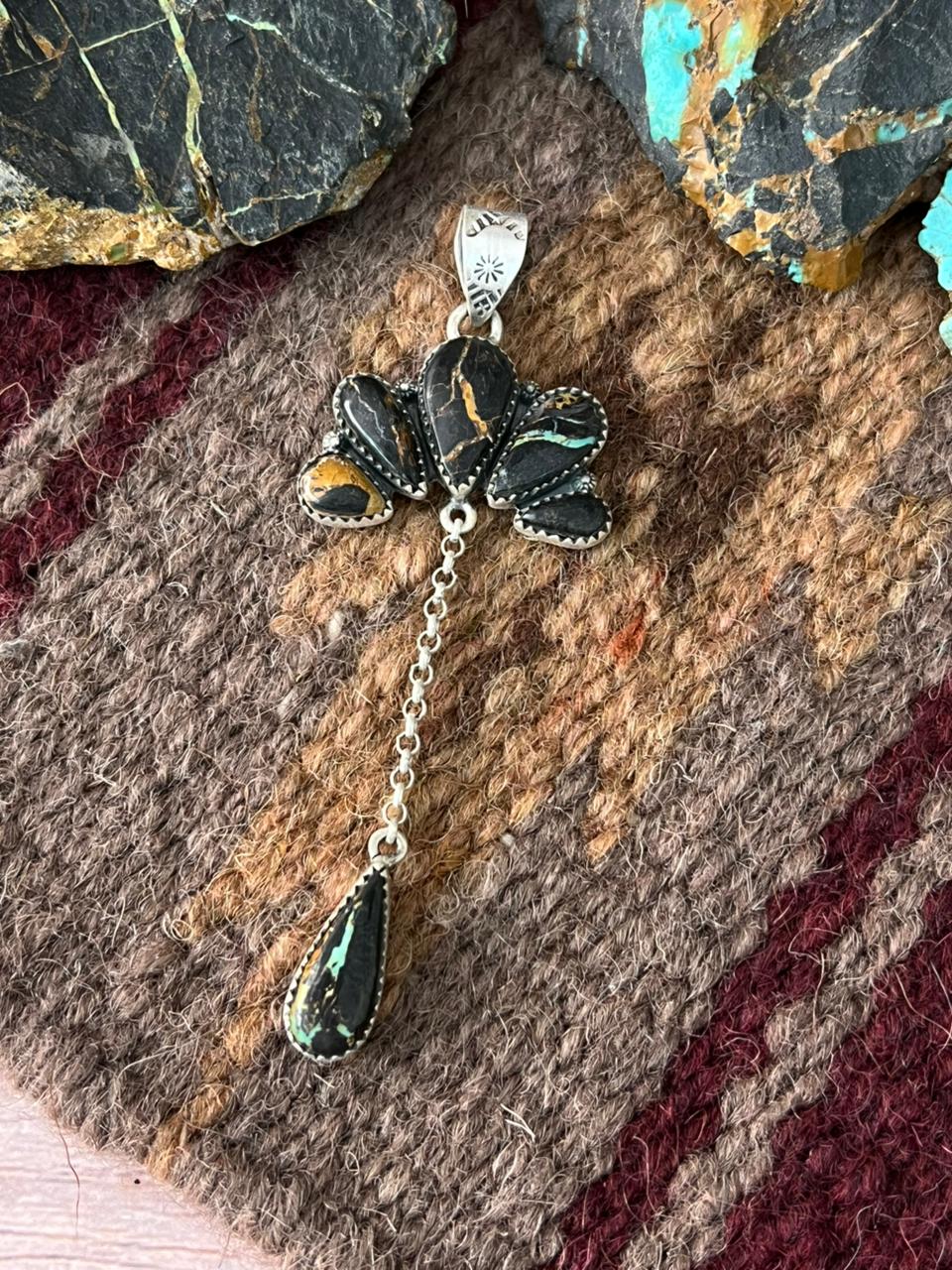 Handmade Sterling Silver Blackjack Turquoise Drop Pendant "Signed Nizhoni"