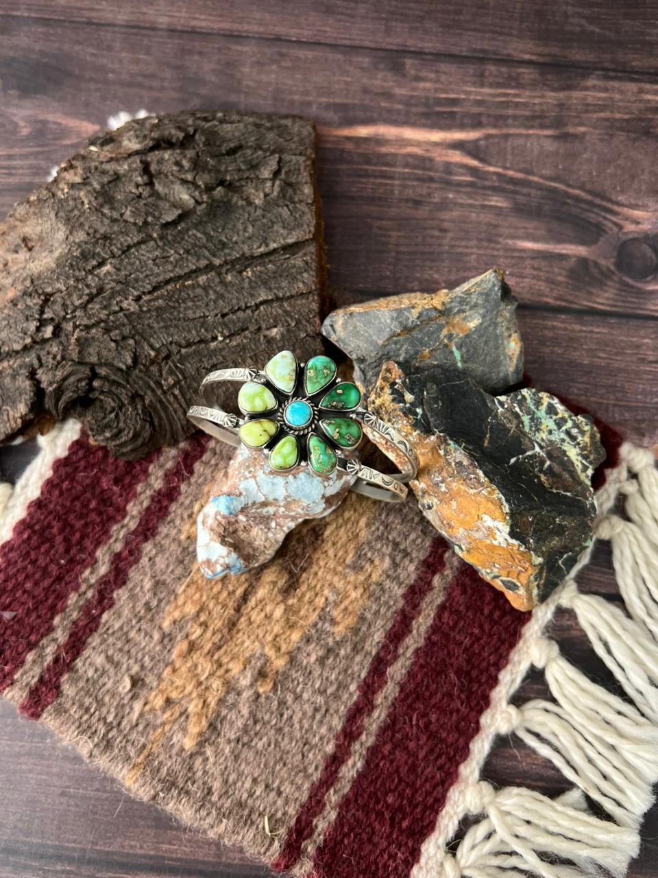 Handmade Sterling Silver Palomino with Sonoran and White Water Turquoise Cuff Bracelet "Signed Nizhoni"