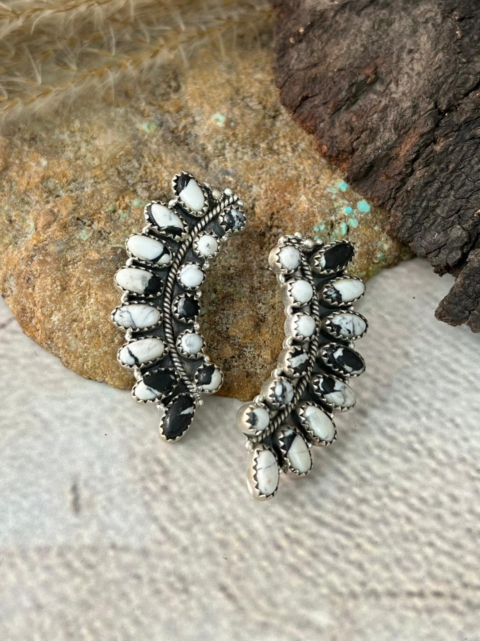 Handmade Sterling Silver White Buffalo Post Studs Earrings "Signed Nizhoni"