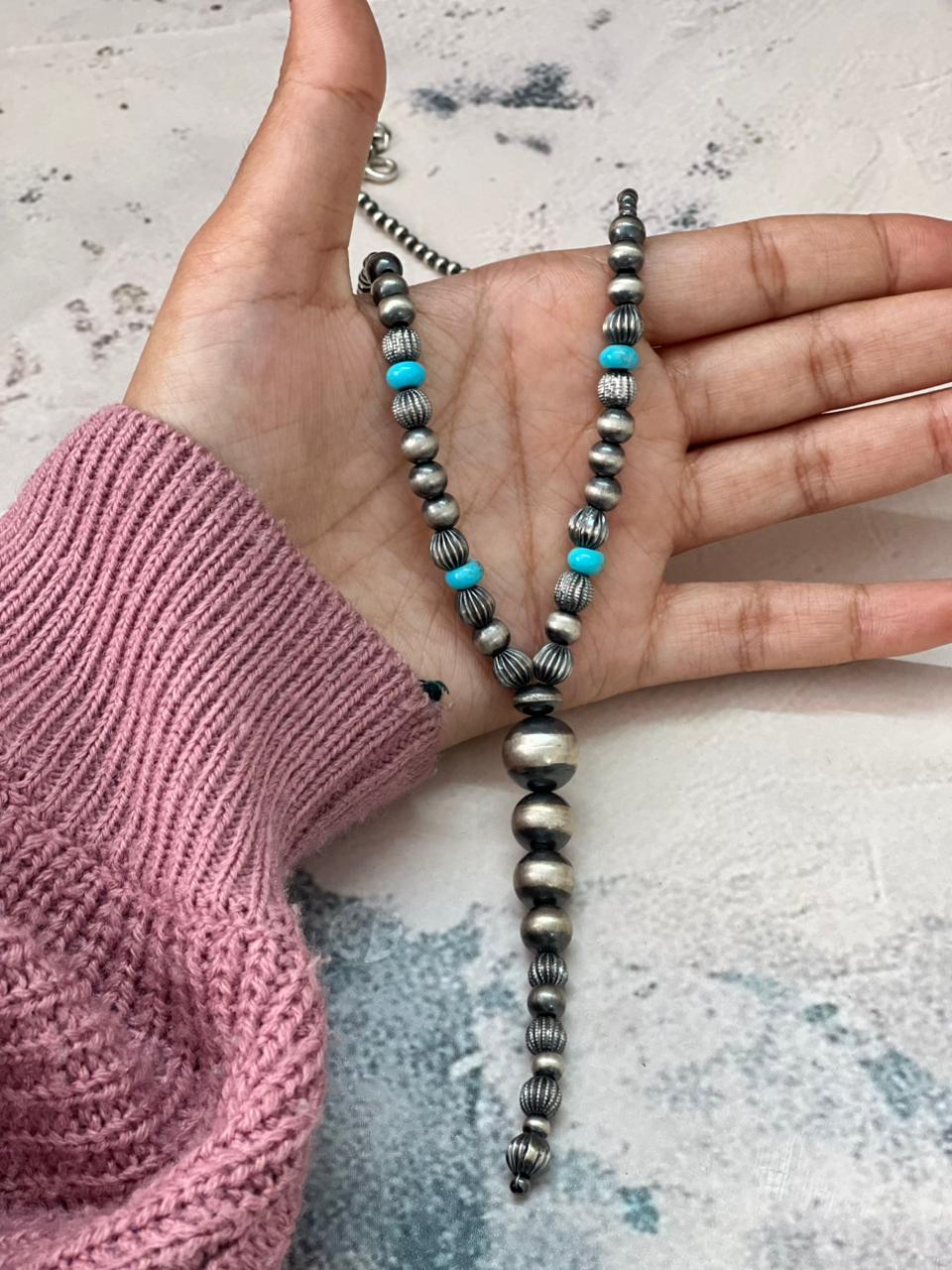 Handmade Sterling Silver Beaded Kingman Turquoise Necklace "Signed Nizhoni"