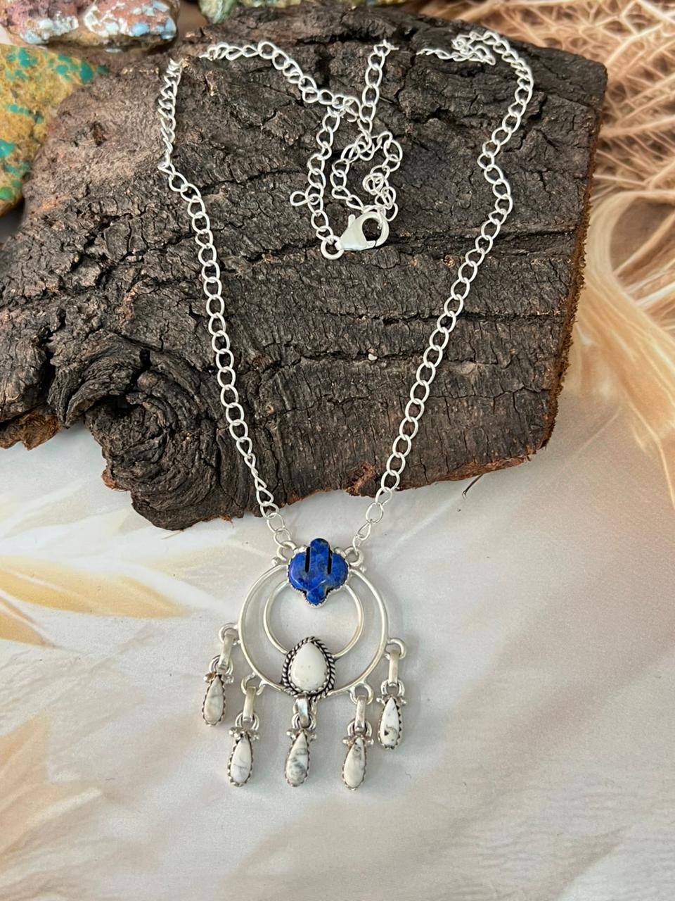 Handmade Sterling Silver White Buffalo with Lapis Necklace "Signed Nizhoni"