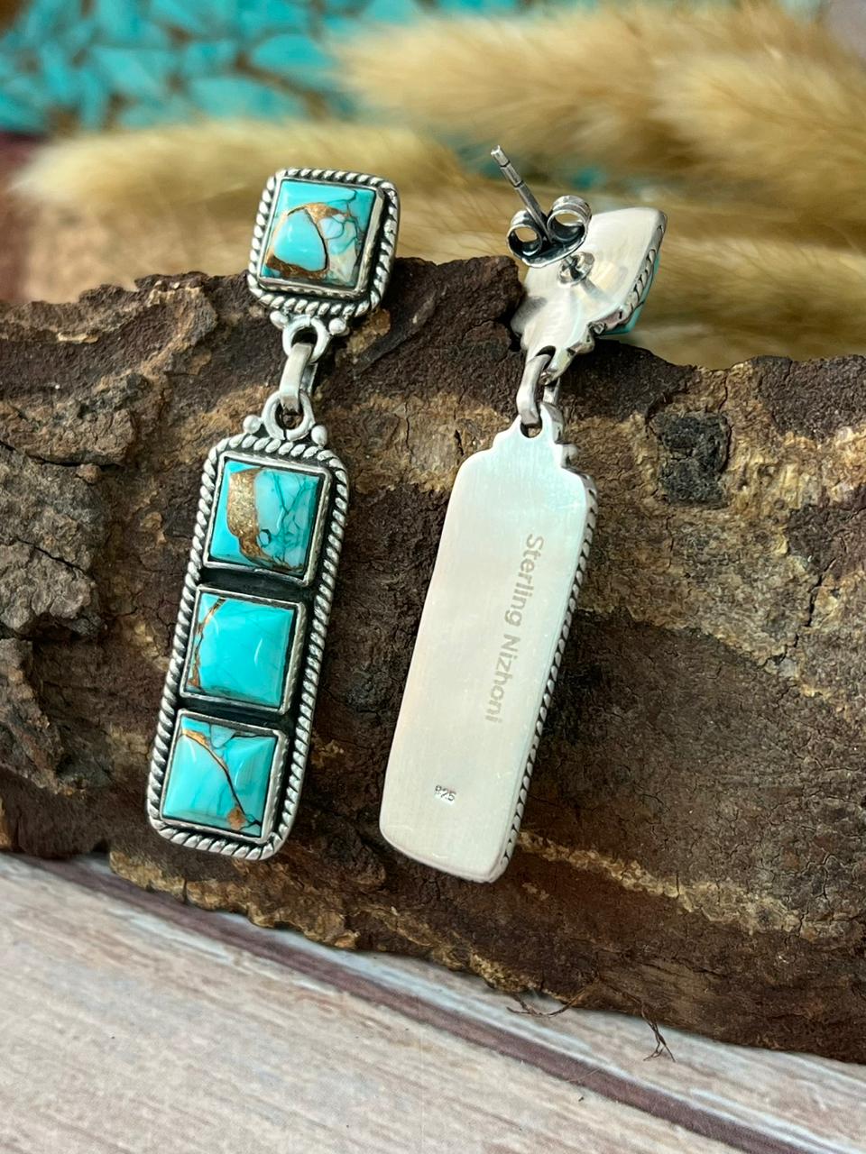 Handmade Sterling Silver Mint Dahlia Collection: Post Dangle Earrings "Signed Nizhoni"