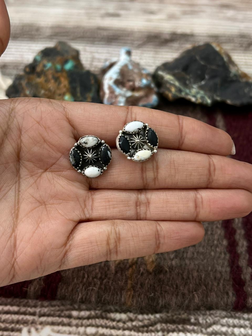 Handmade Sterling Silver White Buffalo Post Studs Earrings "Signed Nizhoni"