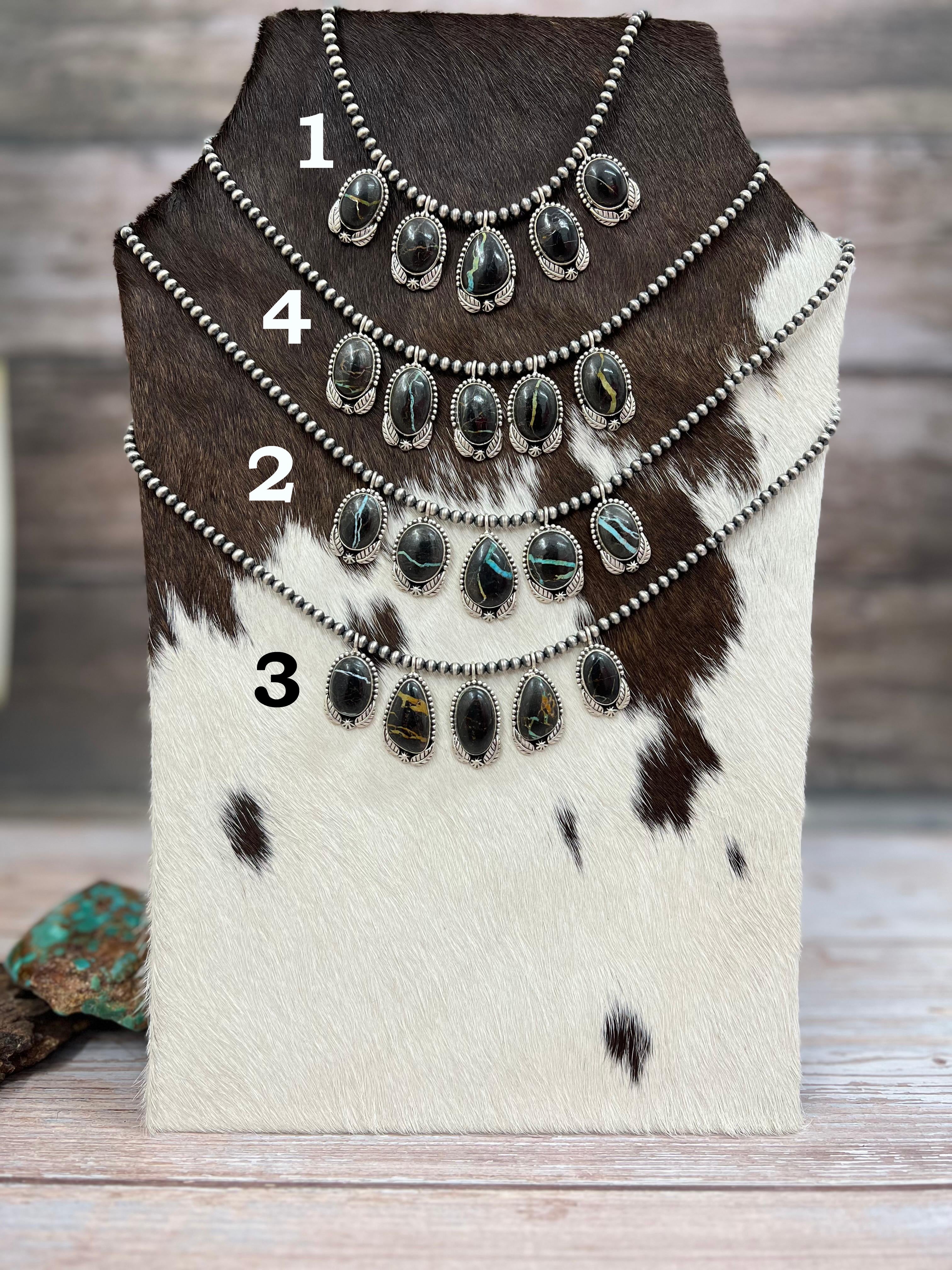 Handmade Sterling Silver Blackjack Turquoise Beaded Necklace with Signed Nizhoni