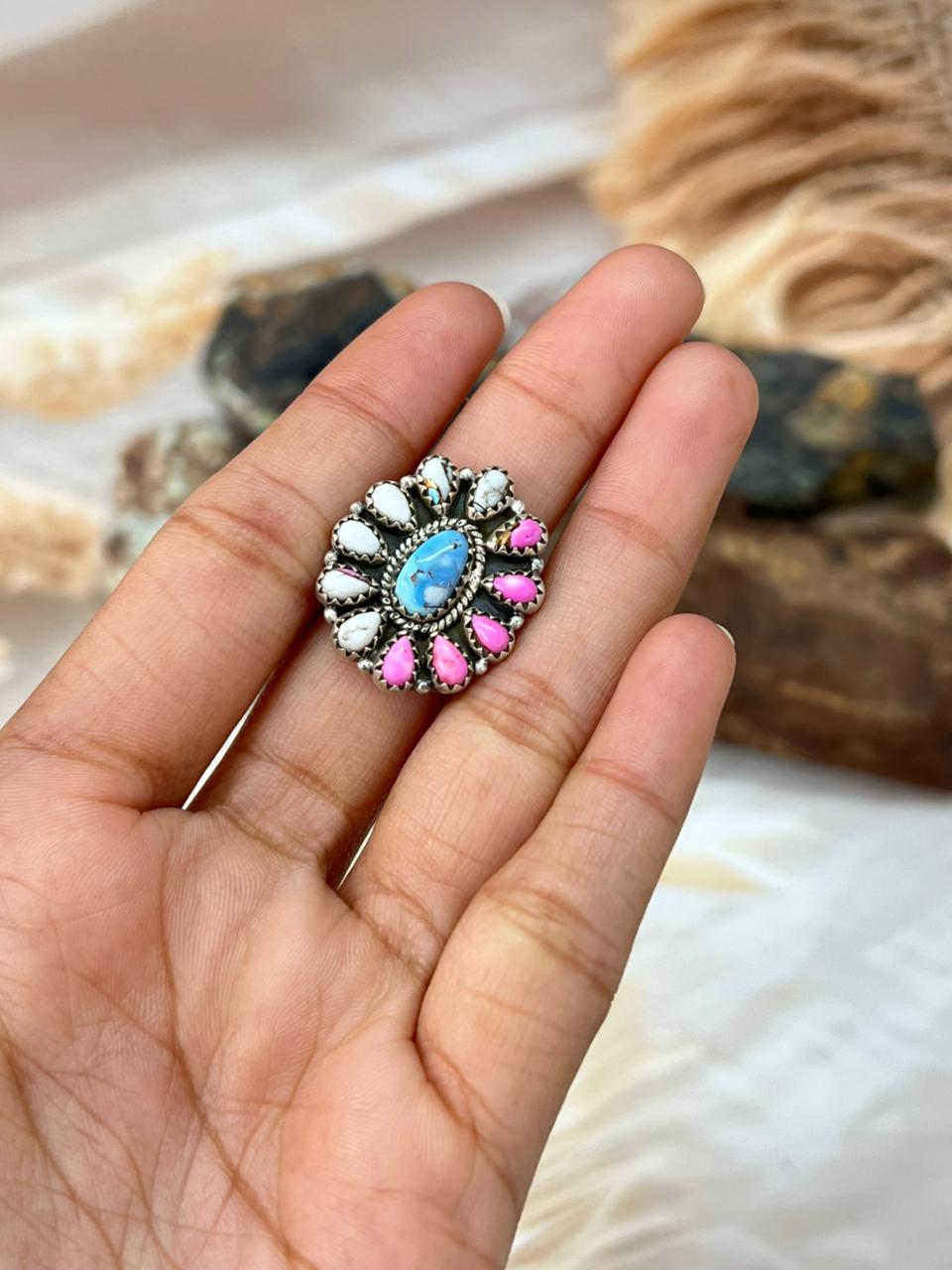 Handmade Sterling Silver Cotton Candy with Golden Hills Turquoise Adjustable Ring "Signed Nizhoni"