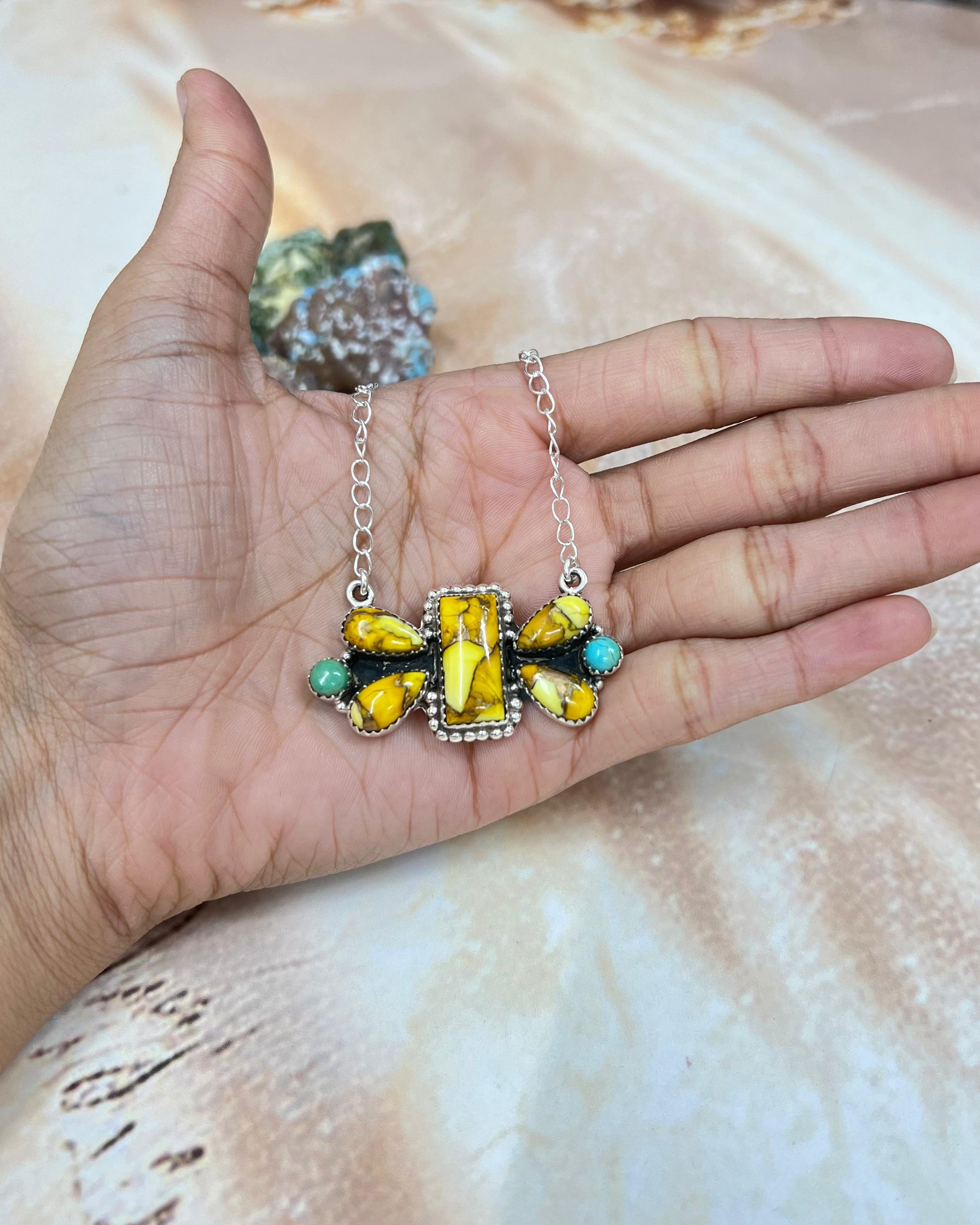 Handmade Sterling Silver Honey Dahlia with Kingman Turquoise Necklace, Signed Nizhoni