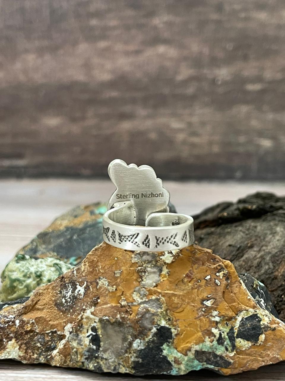 "Christmas Collection" Handmade Sterling Silver White Buffalo with Red Opal Adjustable Ring "Signed Nizhoni"