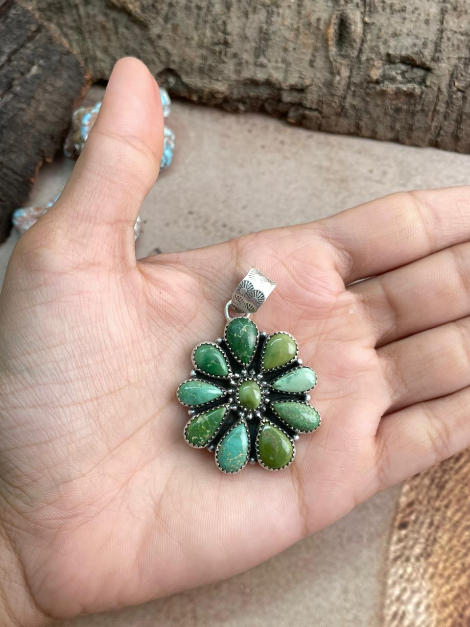 Handmade Sterling Silver Emerald Valley Turquoise Pendant with Signed Nizhoni