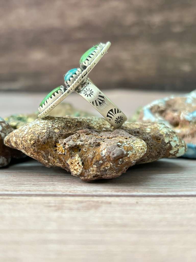 Handmade Sterling Silver Sonoran Mountain Turquoise with White Water Adjustable Ring "Signed Nizhoni"