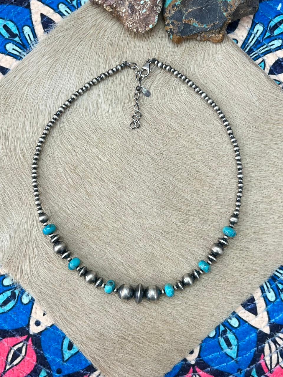 Handmade Sterling Silver Beaded Kingman Turquoise Necklace "Signed Nizhoni"
