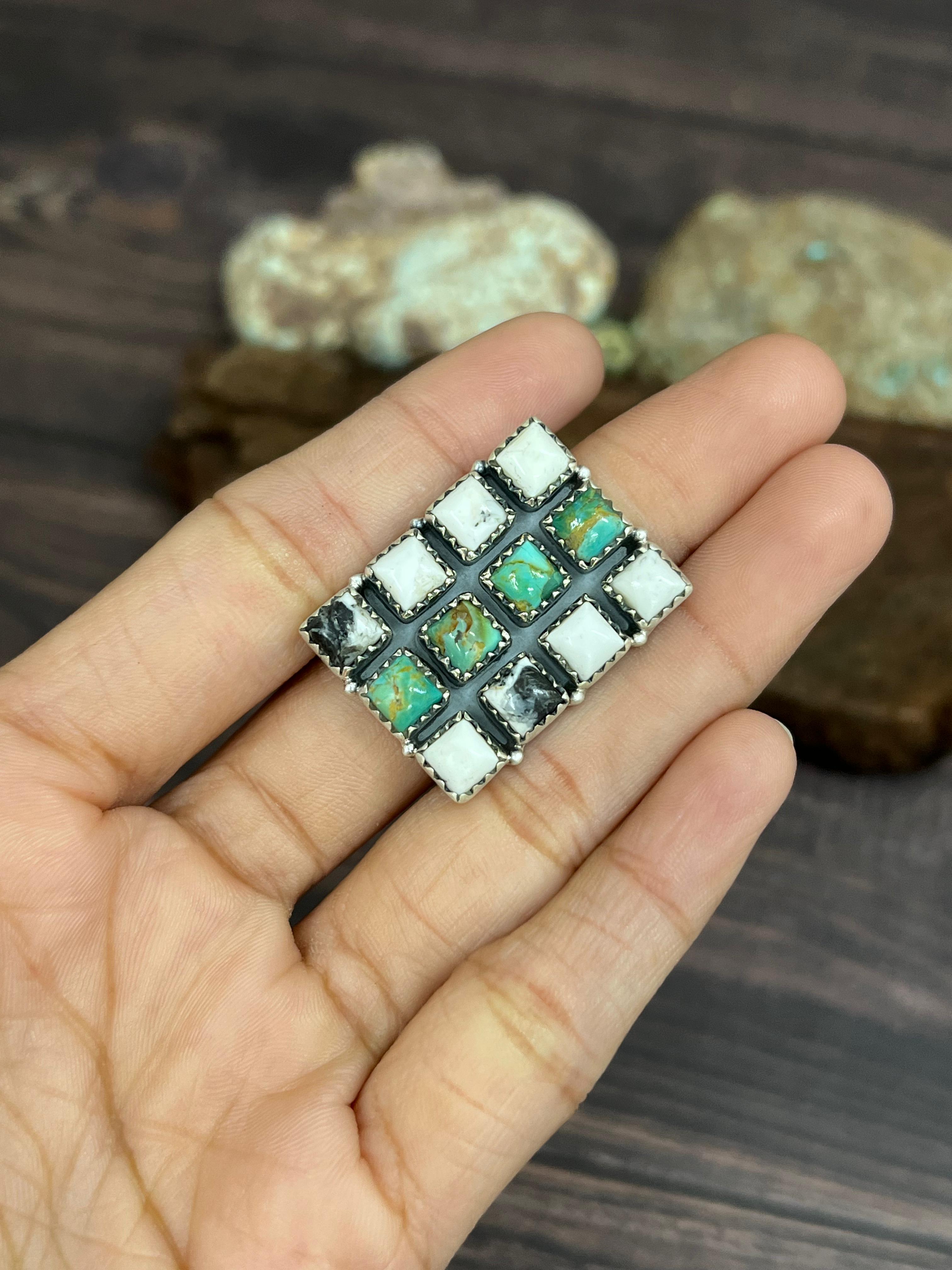 Handmade Sterling Silver Kingman with White Buffalo Turquoise Adjustable Ring with Signed Nizhoni