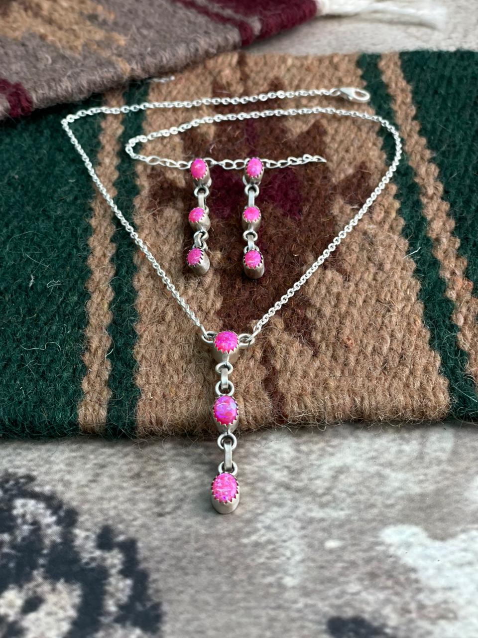 Handmade Sterling Silver Hot Pink Necklace Earrings Set "Signed Nizhoni"