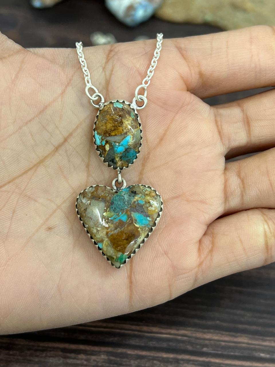 Handmade Sterling Silver Ribbon Royston Heart Necklace with Signed Nizhoni