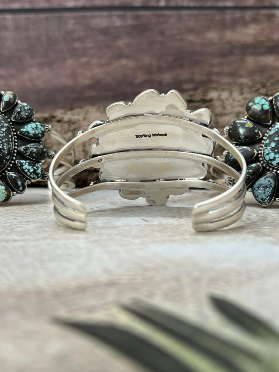 Handmade Sterling Silver Lander Turquoise Cuff Bracelet with Signed Nizhoni