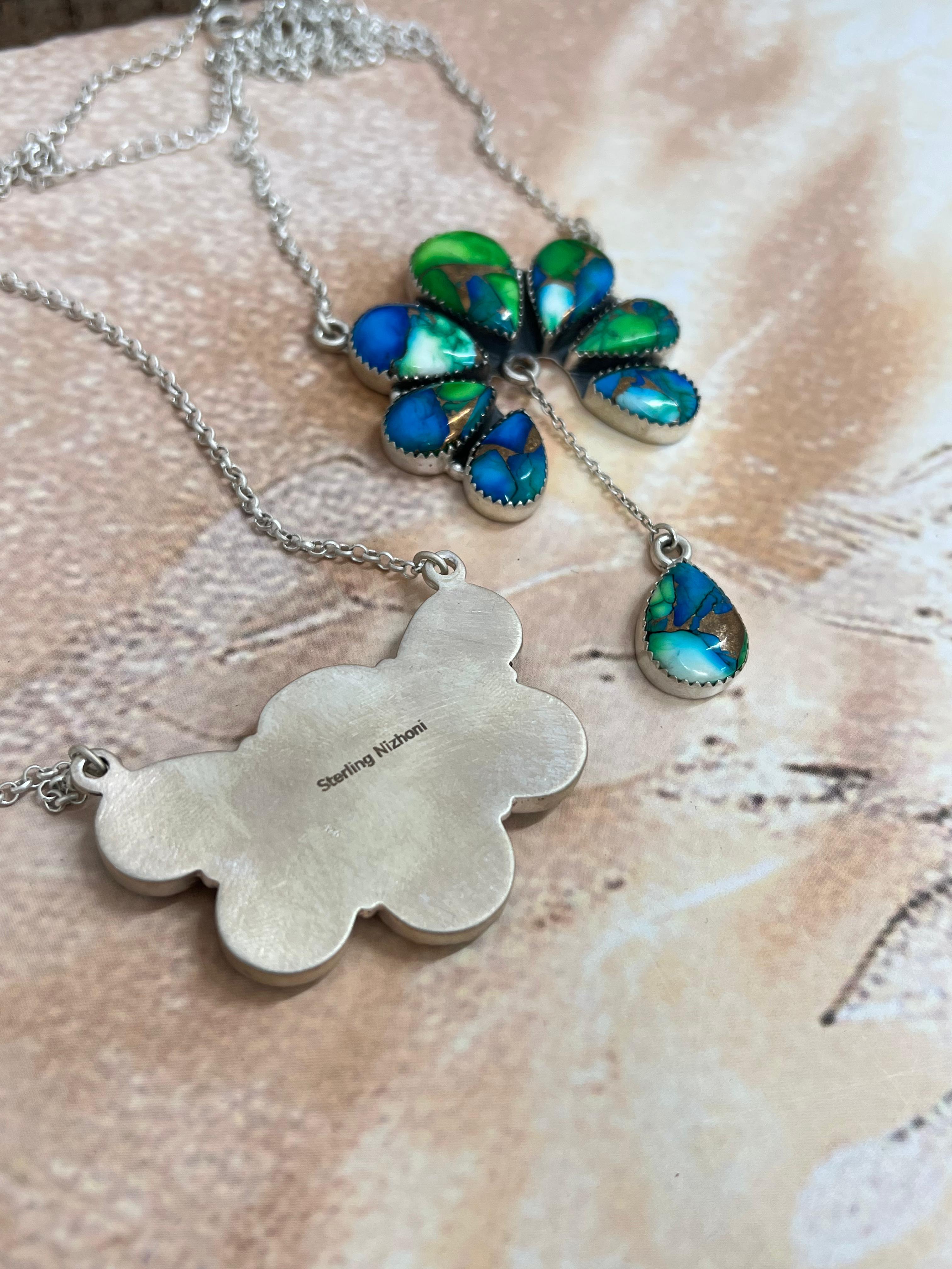 Handmade Sterling Silver Peacock Dahlia Necklace with Signed Nizhoni