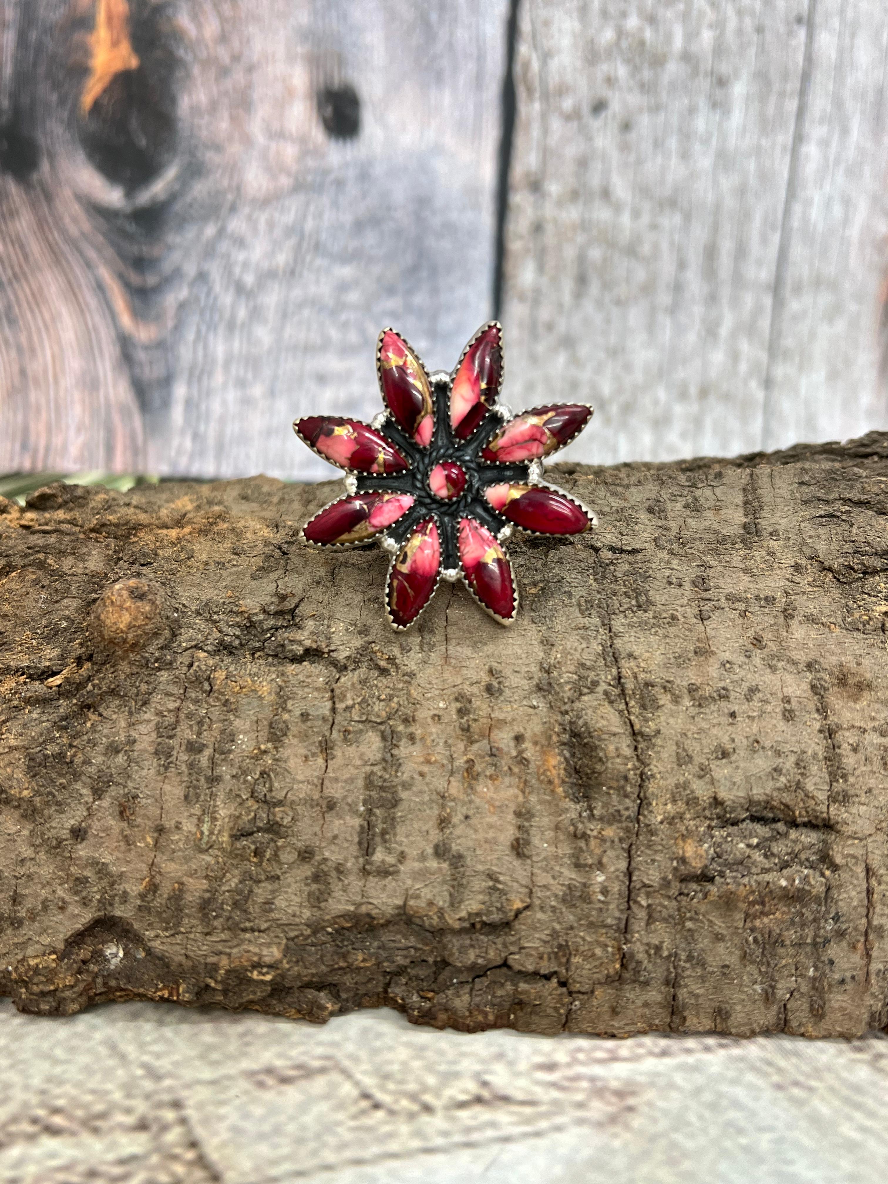 Handmade Sterling Silver Dahlia Rose Flower Adjustable Ring with Signed Nizhoni