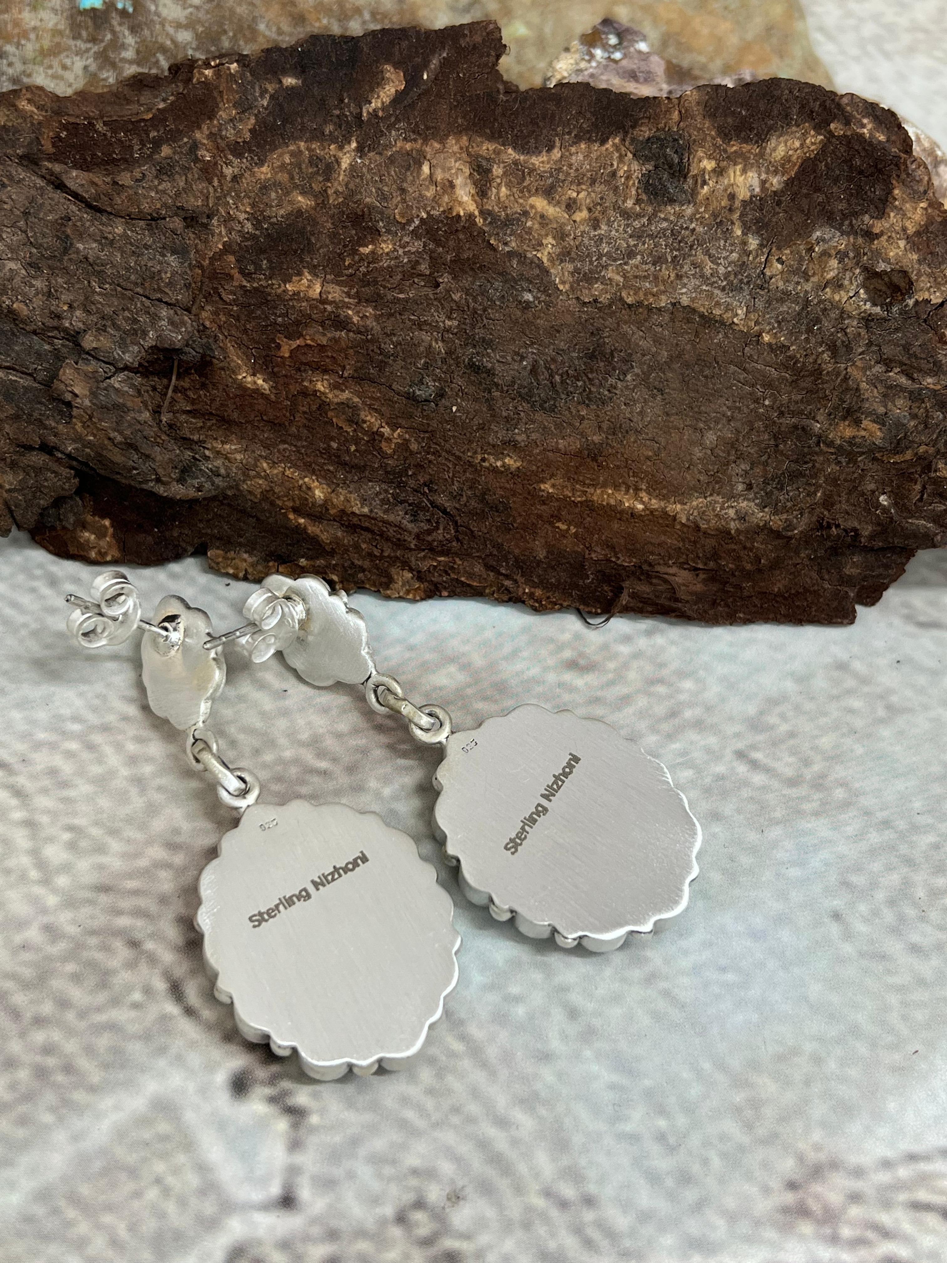 Handmade Sterling Silver Kingman Turquoise Post Dangle Earrings with Signed Nizhoni