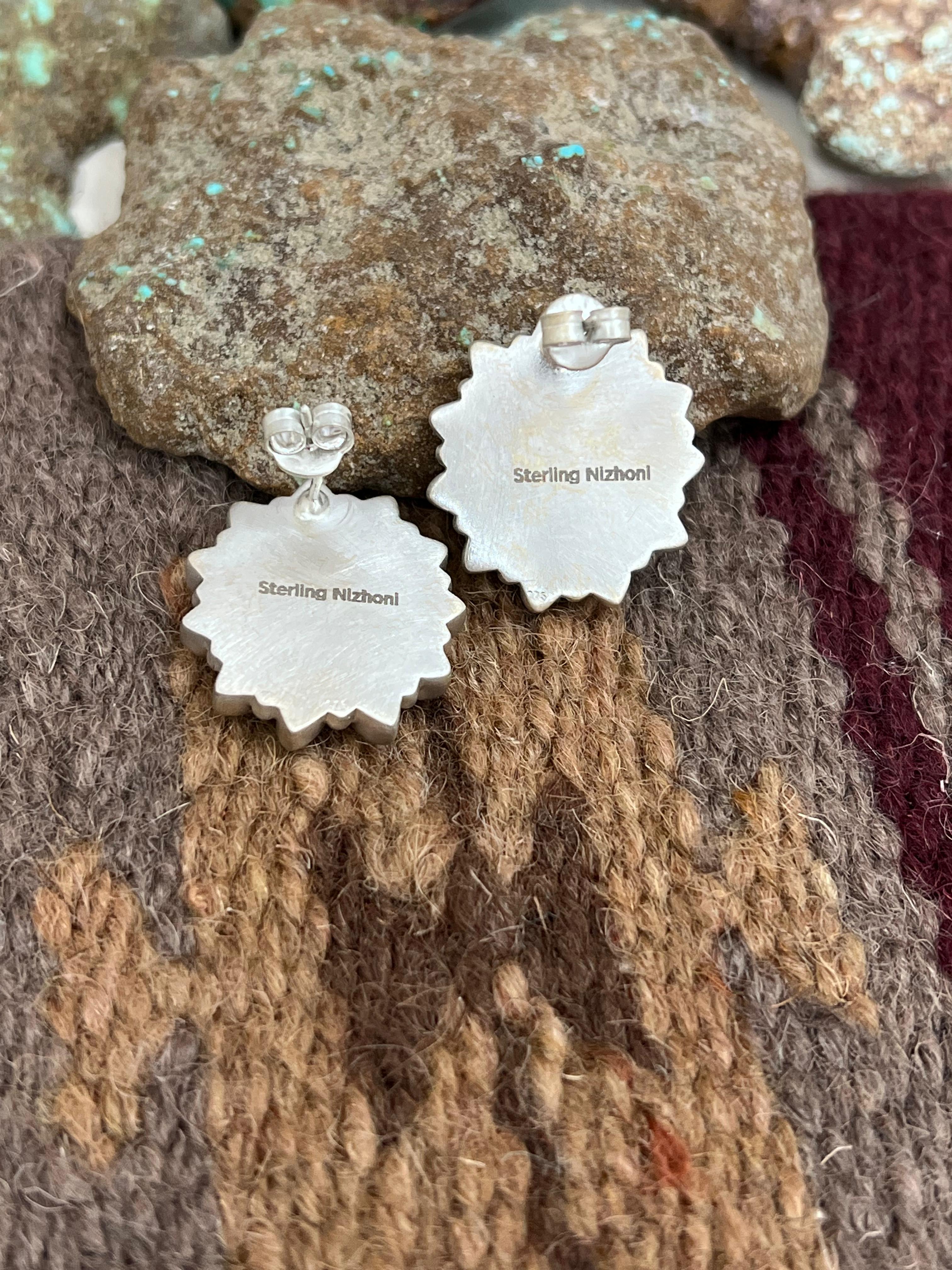 Christmas Handmade Sterling Silver Coral with Peridot Post Studs, Signed Nizhoni