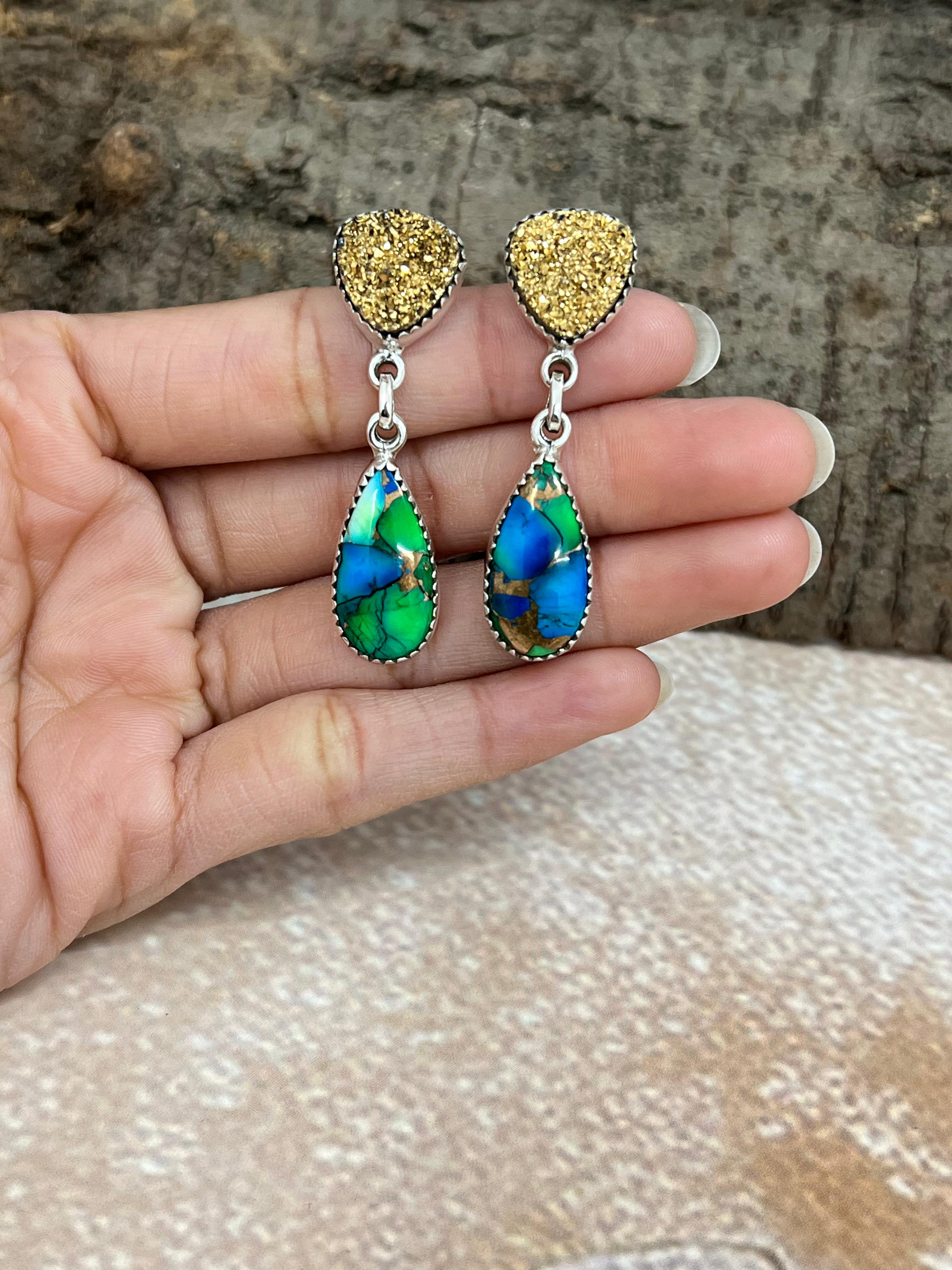 Handmade Sterling Silver Peacock Dahlia with Druzy Dangle Earrings with Signed Nizhoni