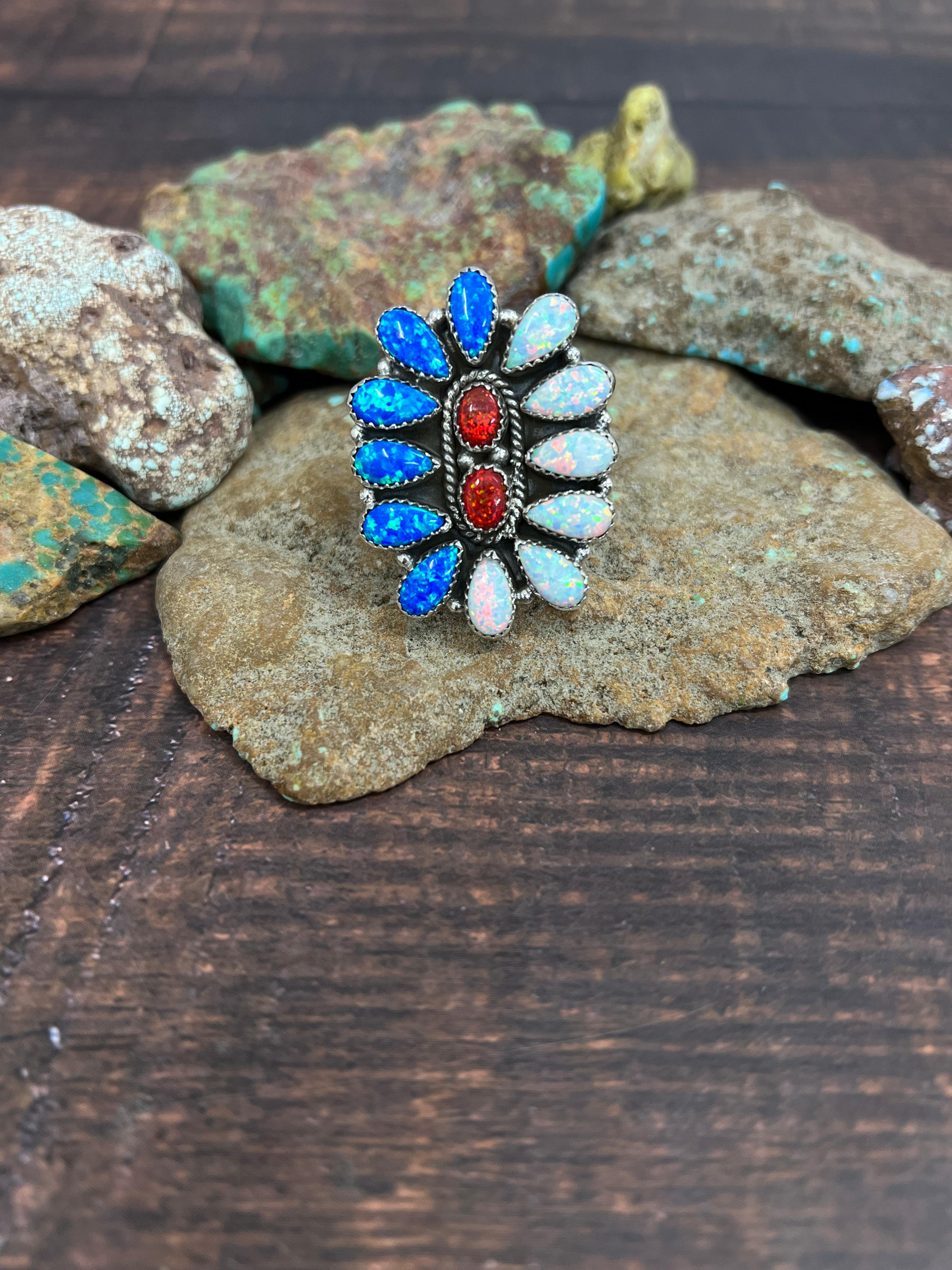 ** 4TH OF JULY ** Handmade Sterling Silver Synthetic Opal Adjustable Ring with Signed Nizhoni