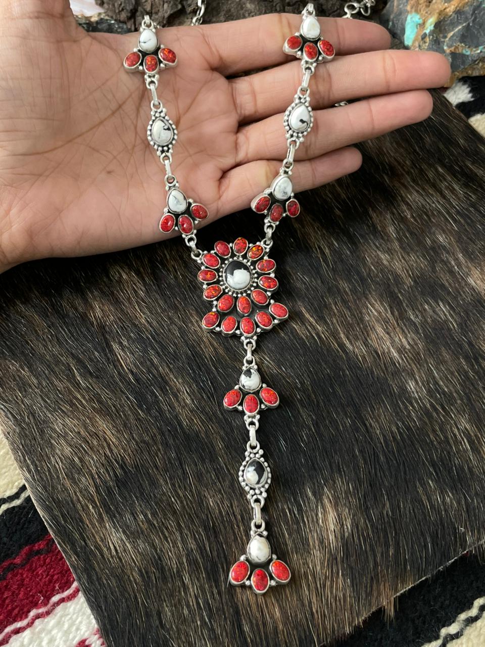 Handmade Sterling Silver White Buffalo with Red Opal Necklace "Signed Nizhoni"