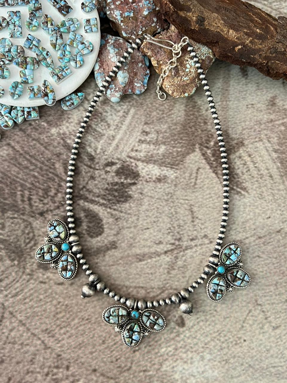 Handmade Sterling Silver 'Golden Hills Turquoise Cobble Collection' Beaded Necklace "Signed Nizhoni"