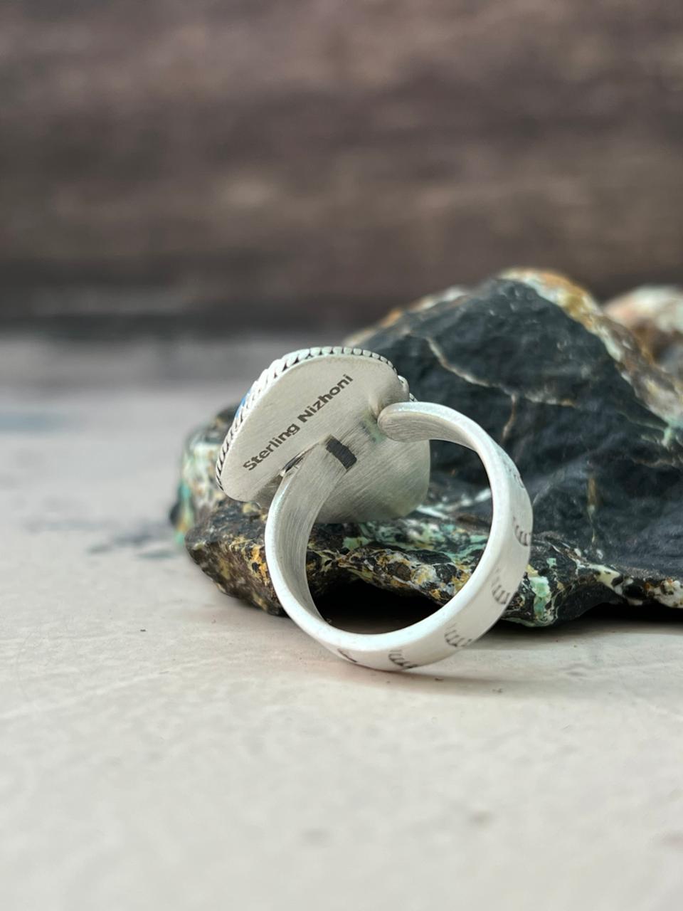 Handmade Sterling Silver Sonoran Mountain with Golden Hills Turquoise Adjustable Ring "Signed Nizhoni"