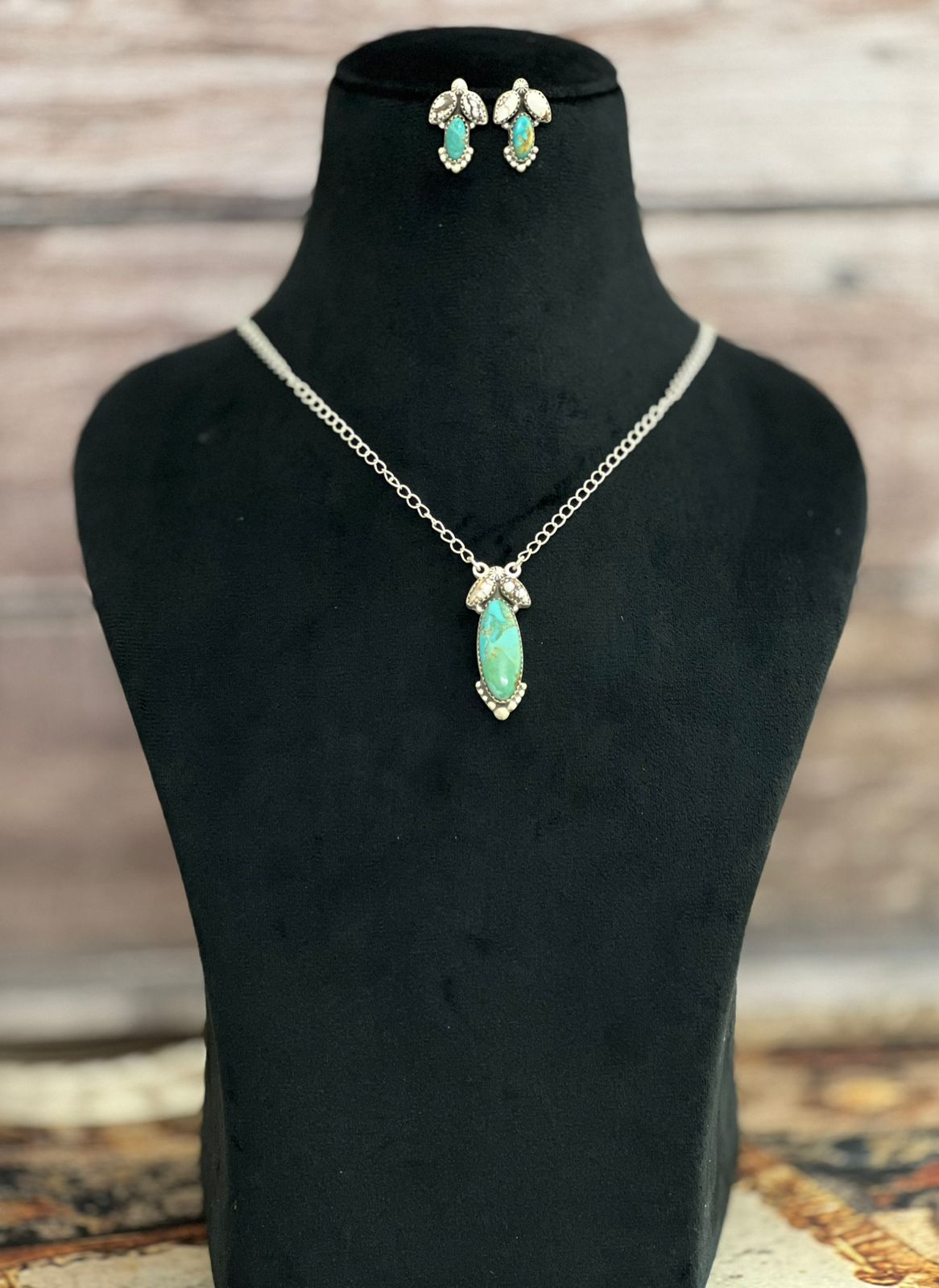 Handmade Sterling Silver White Buffalo with Kingman Necklace Earrings Set, Signed Nizhoni