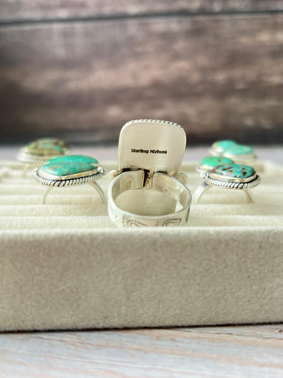 Handmade Sterling Silver Mantis Turquoise Adjustable Ring With Signed Nizhoni