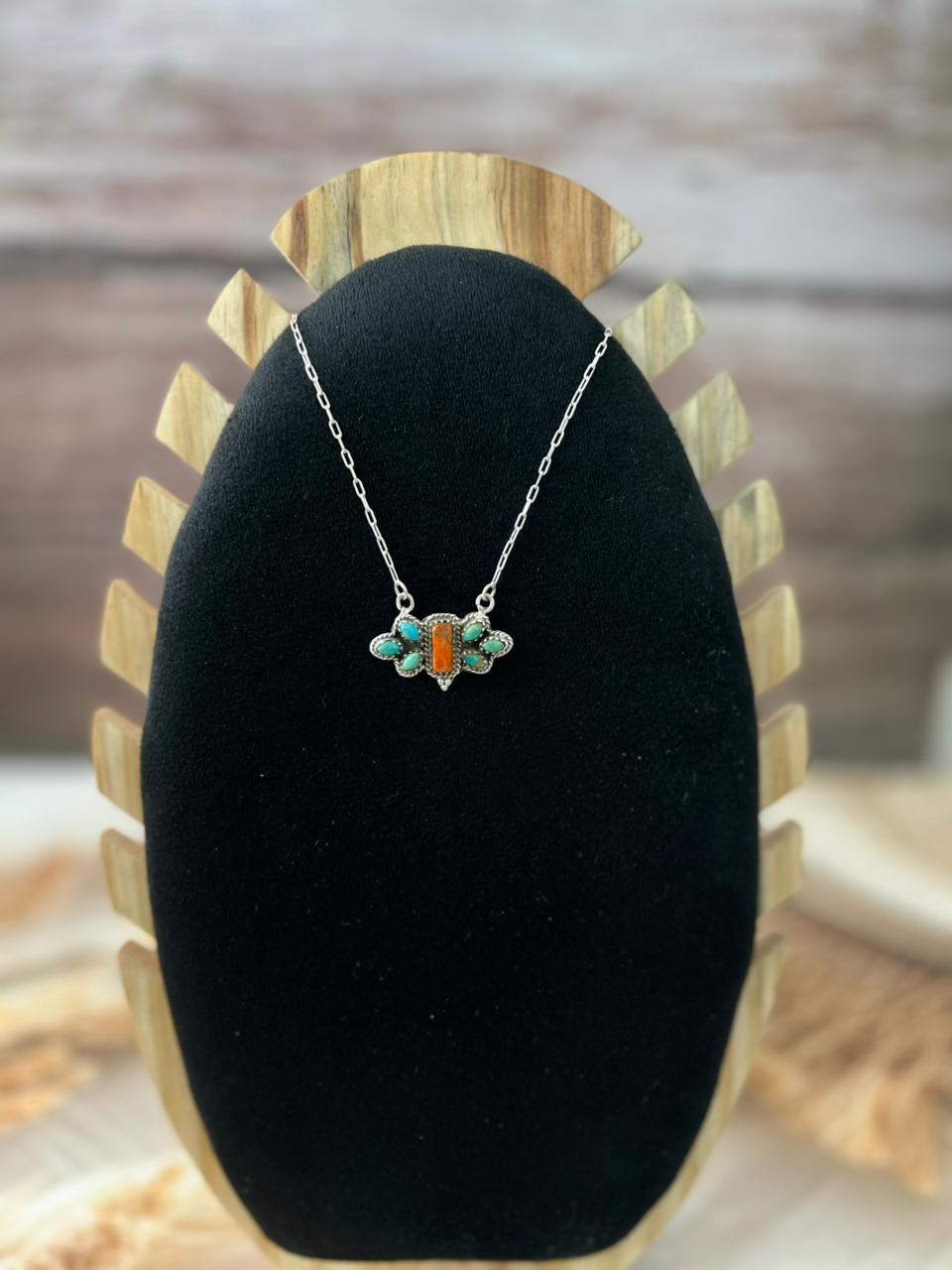 Handmade Sterling Silver Kingman with Orange Mojave Necklace "Signed Nizhoni"