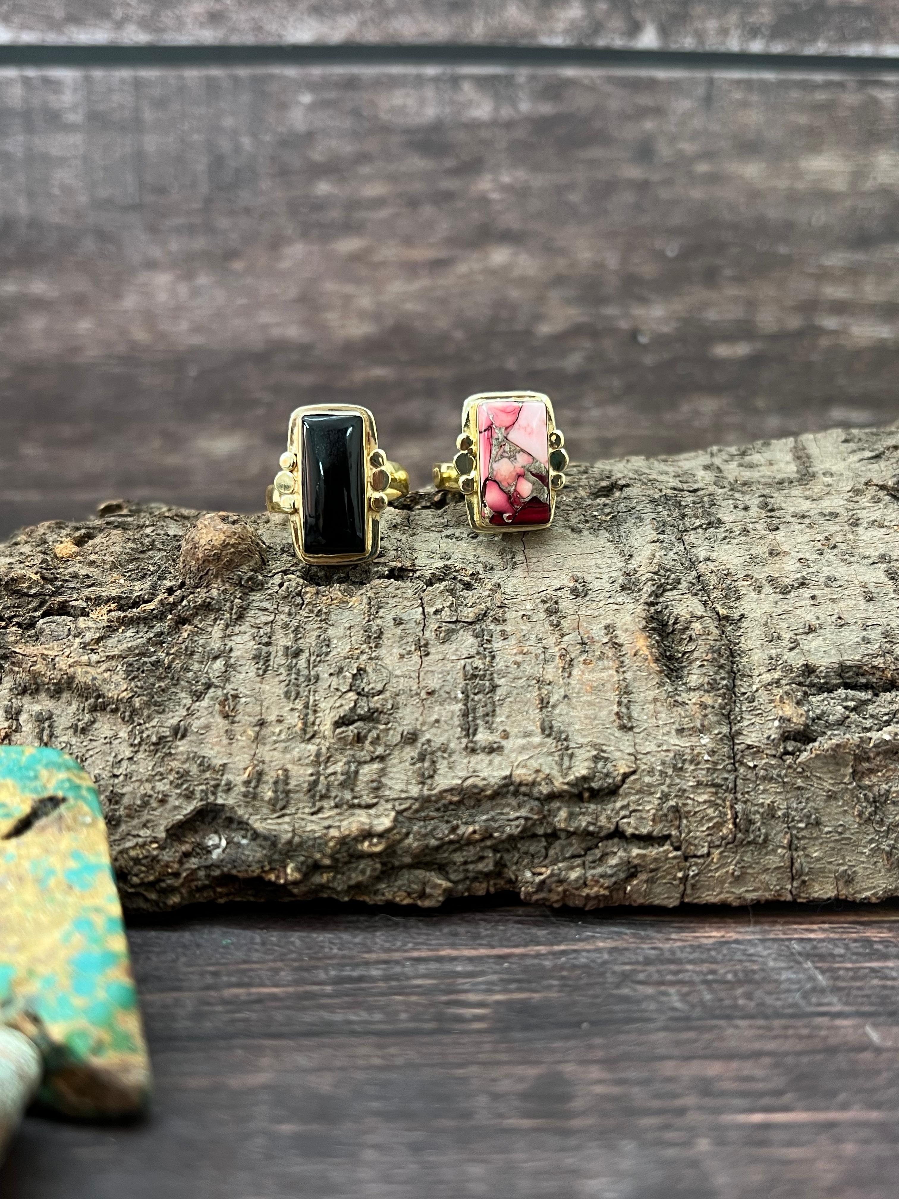 “The Golden Collection” Natural Dahlia Rose, Black Onyx Adjustable Ring