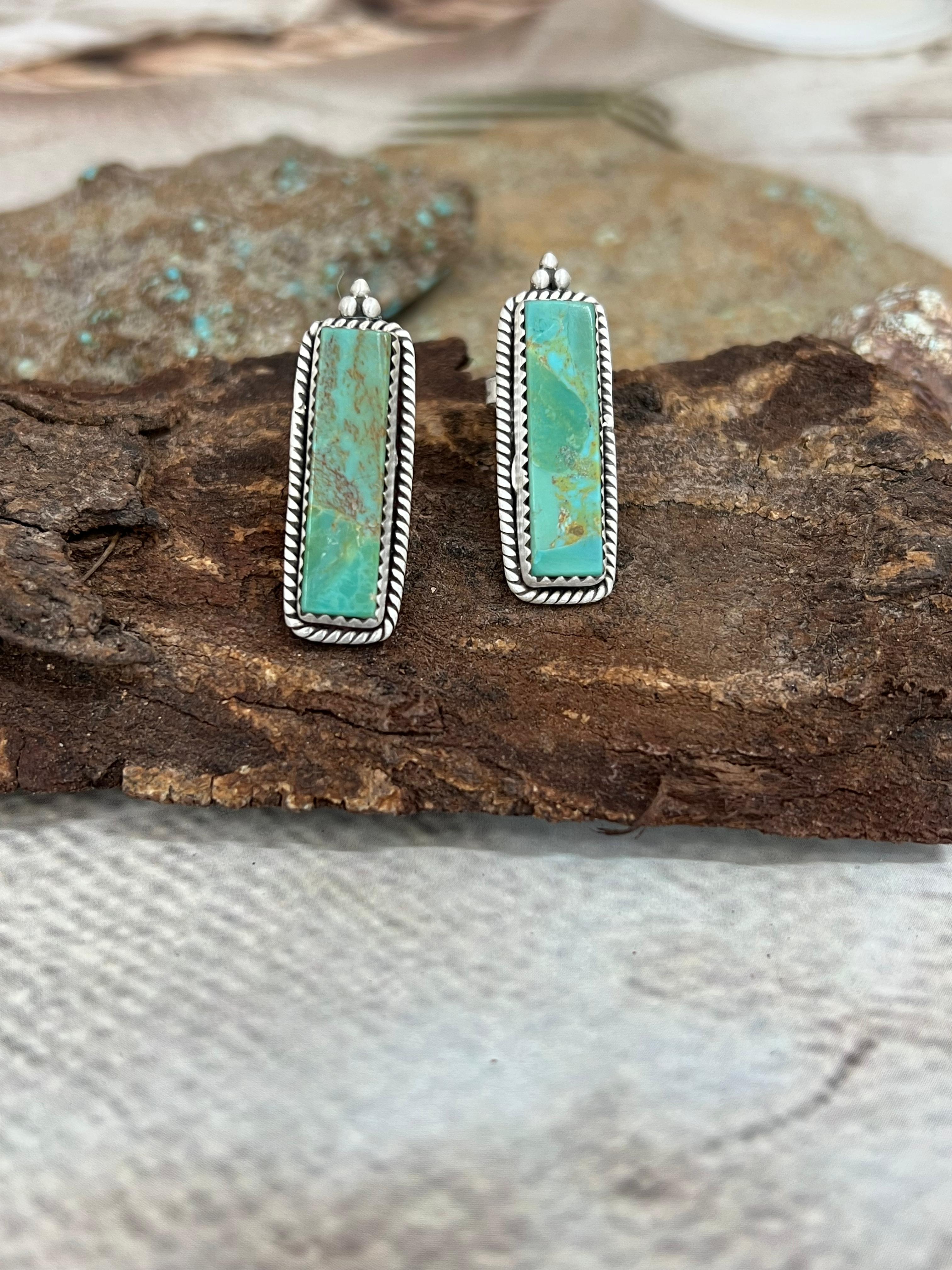 Handmade Sterling Silver Kingman Turquoise Post Studs with Signed Nizhoni