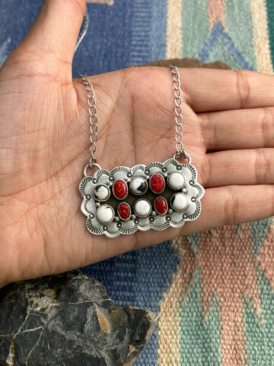 Handmade Sterling Silver White Buffalo with Red Opal Necklace "Signed Nizhoni"