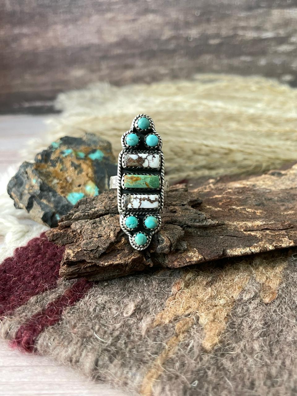 Handmade Sterling Silver Wild Horse Magnesite with Kingman Turquoise Adjustable Ring "Signed Nizhoni"