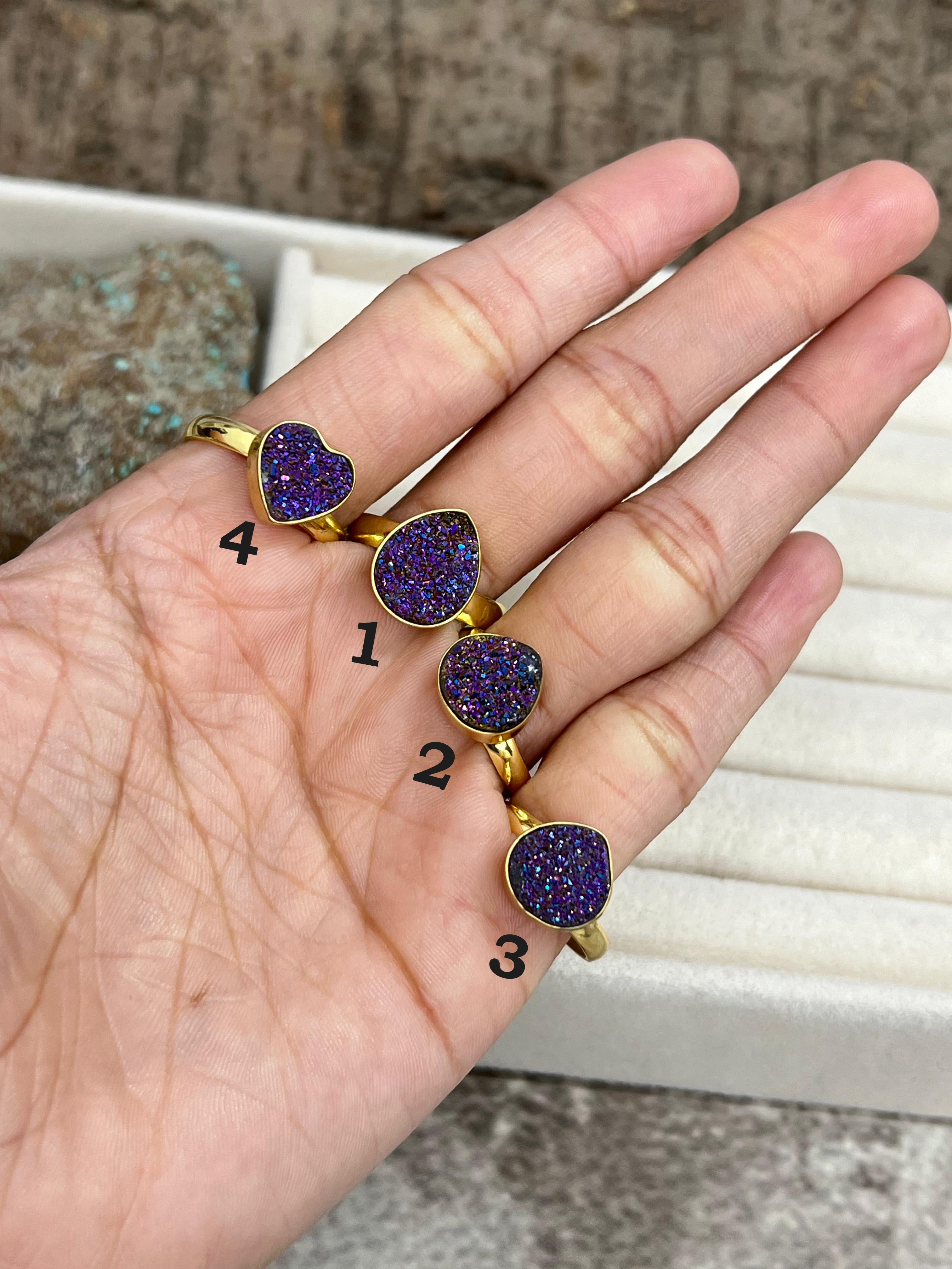 “The Boho Collection” Handmade Natural Druzy Purple Adjustable Ring