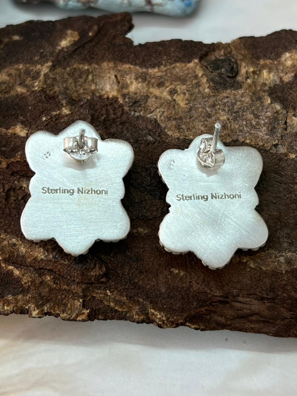 Handmade Sterling Silver Kingman Turquoise Post Studs Earrings "Signed Nizhoni"