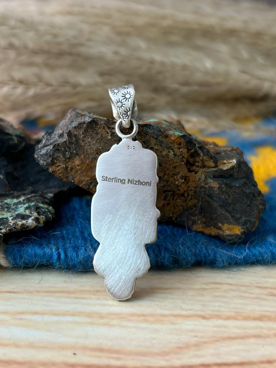 Handmade Sterling Silver Cotton Candy with White Water Turquoise Pendant "Signed Nizhoni"